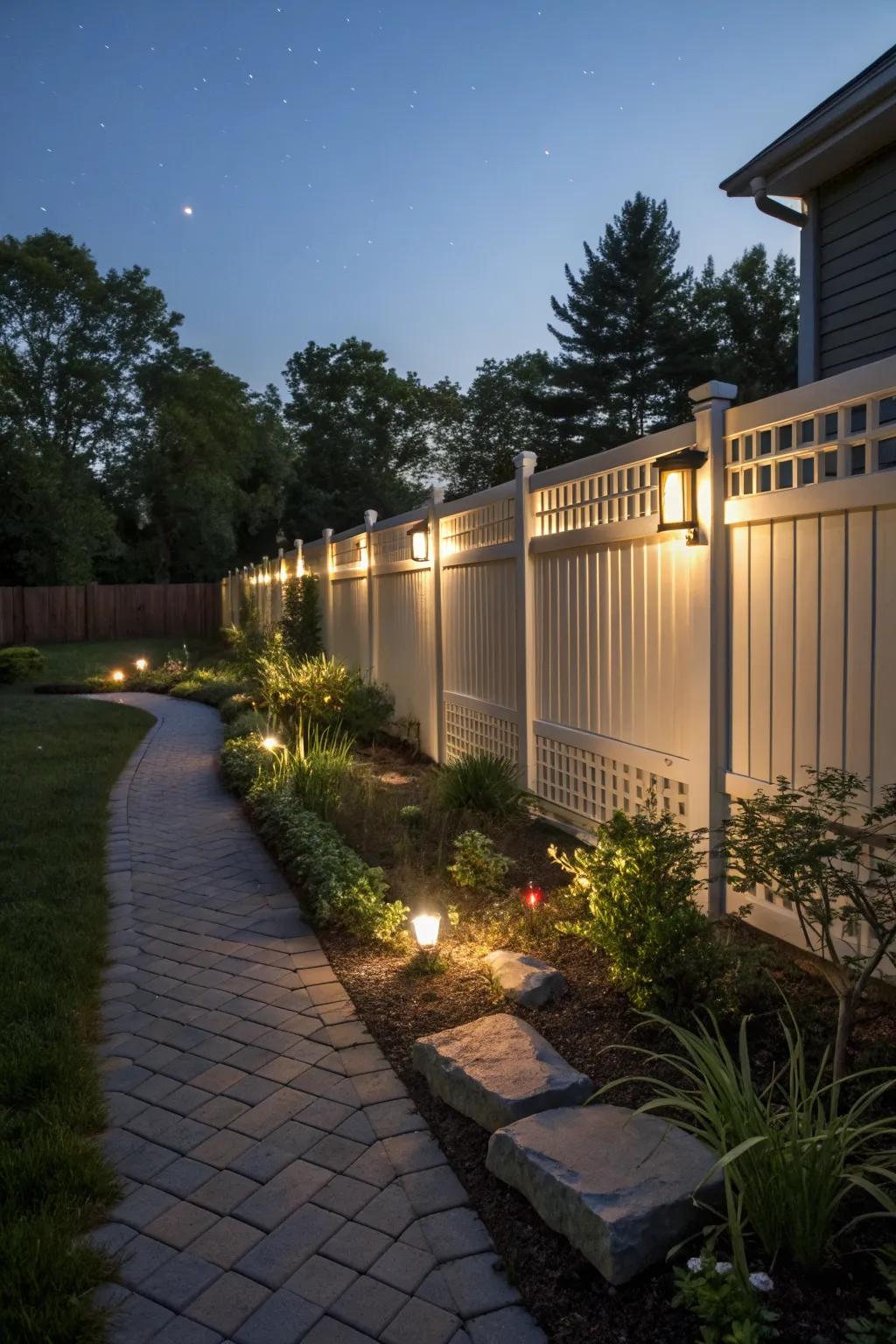 Solar-powered lights add magical illumination to your fence.