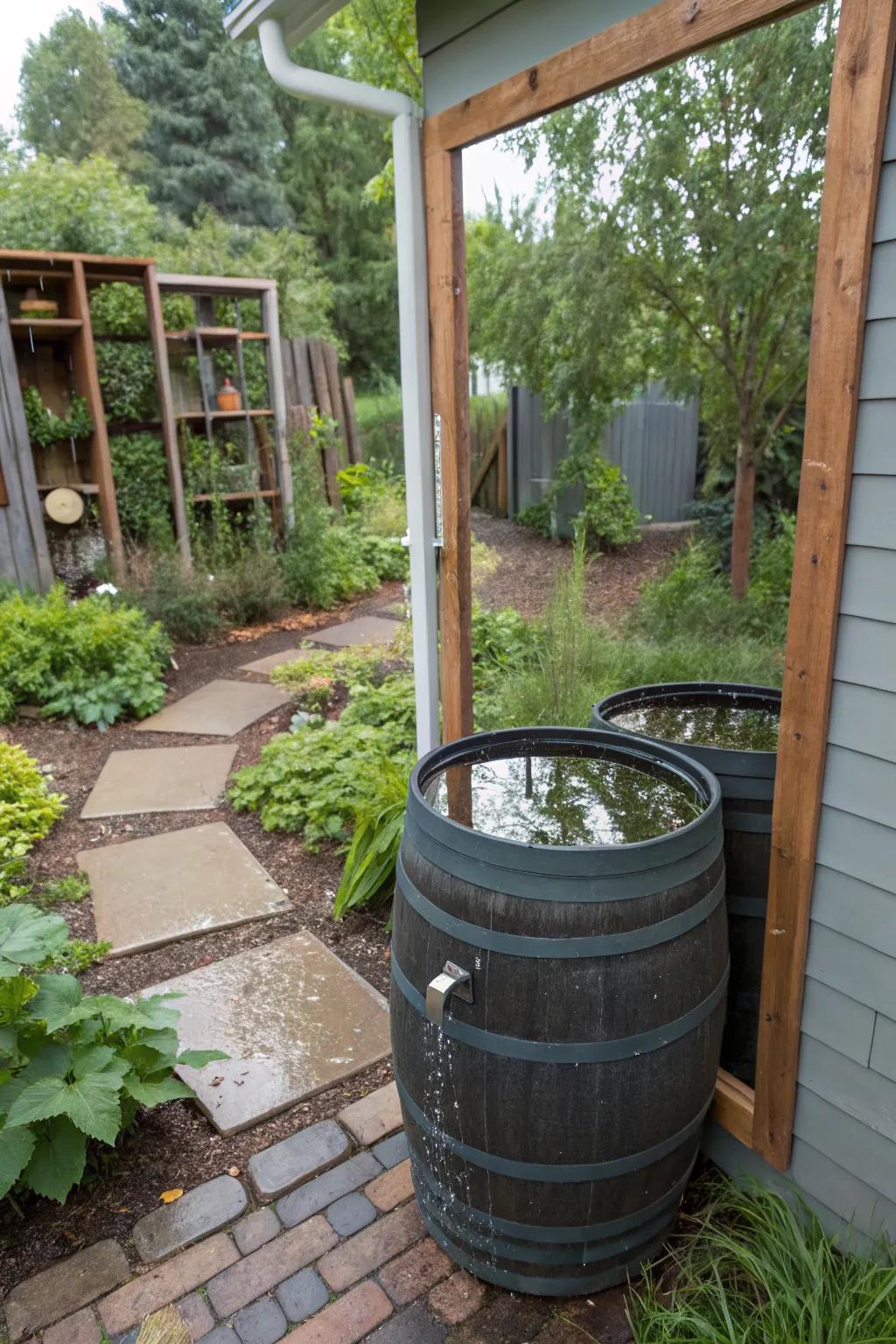 Reflective magic with mirror-surrounded rain barrel.