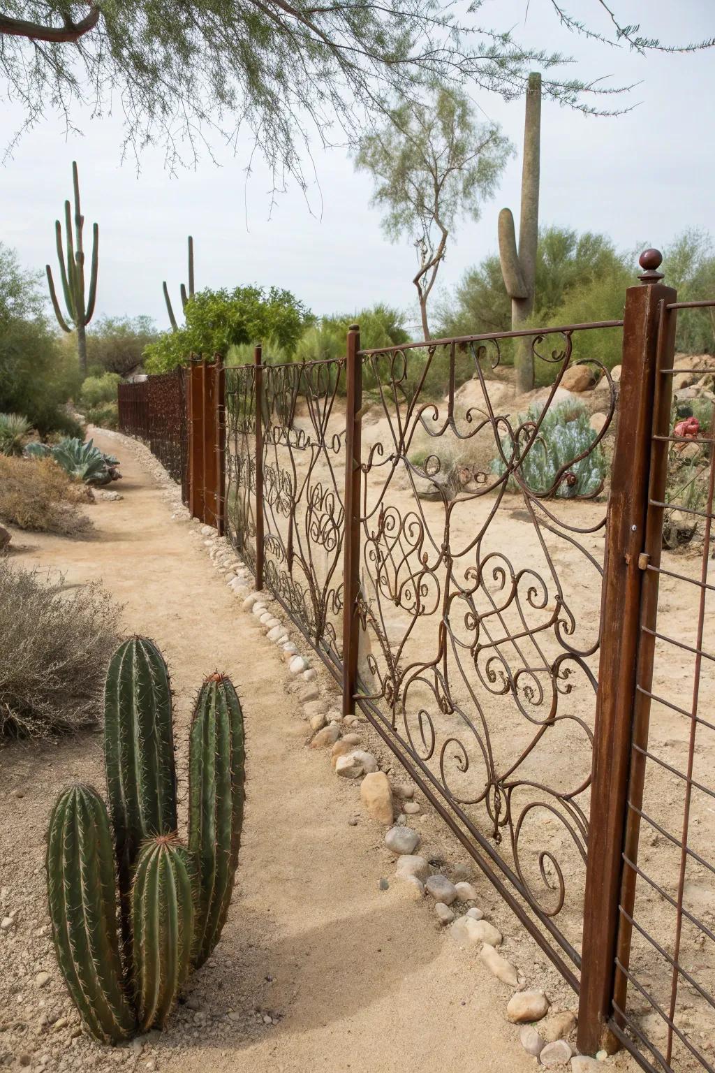 A decorative wire fence adds elegance to the garden.