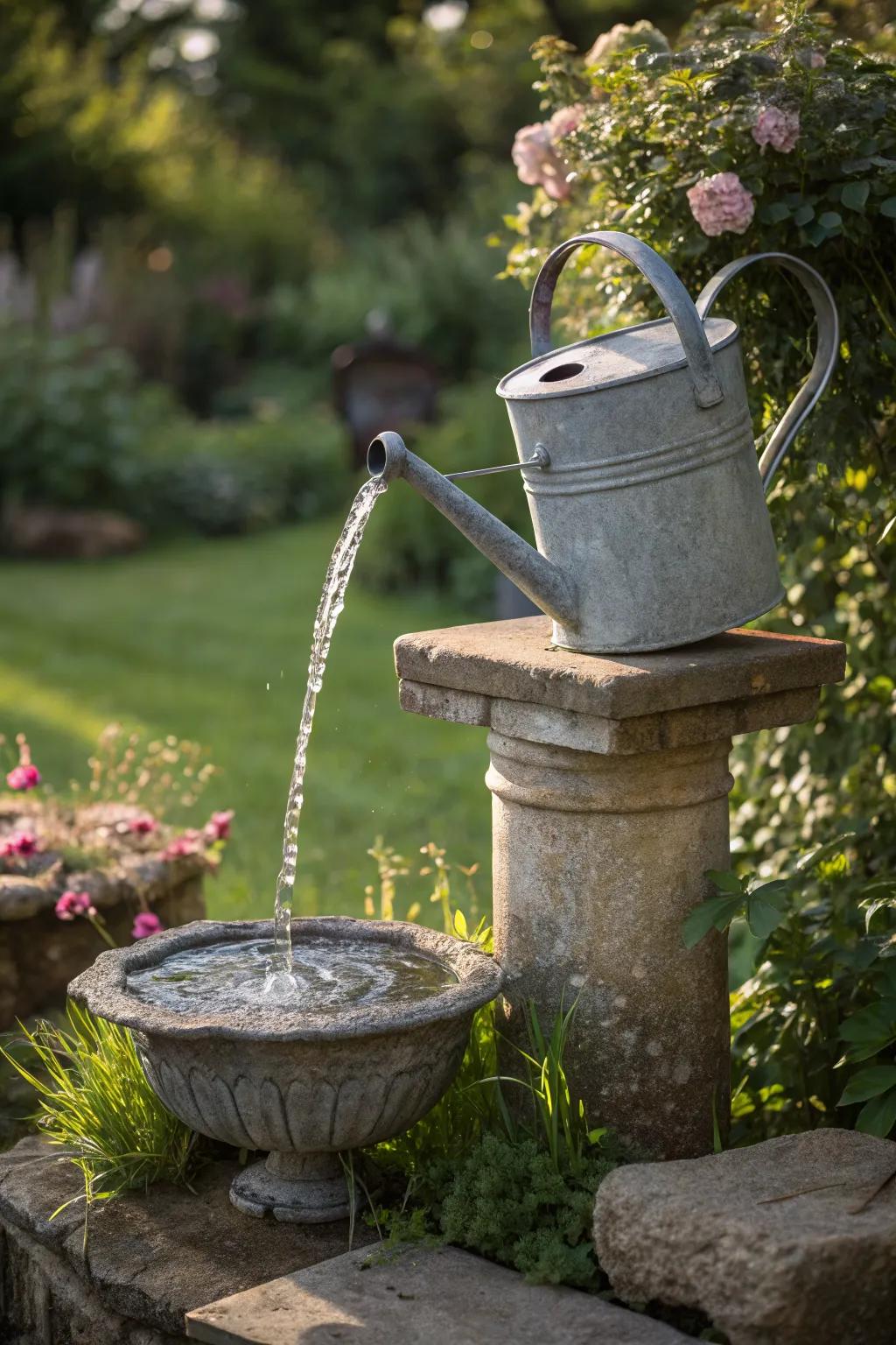 Add whimsy with a watering can fountain.