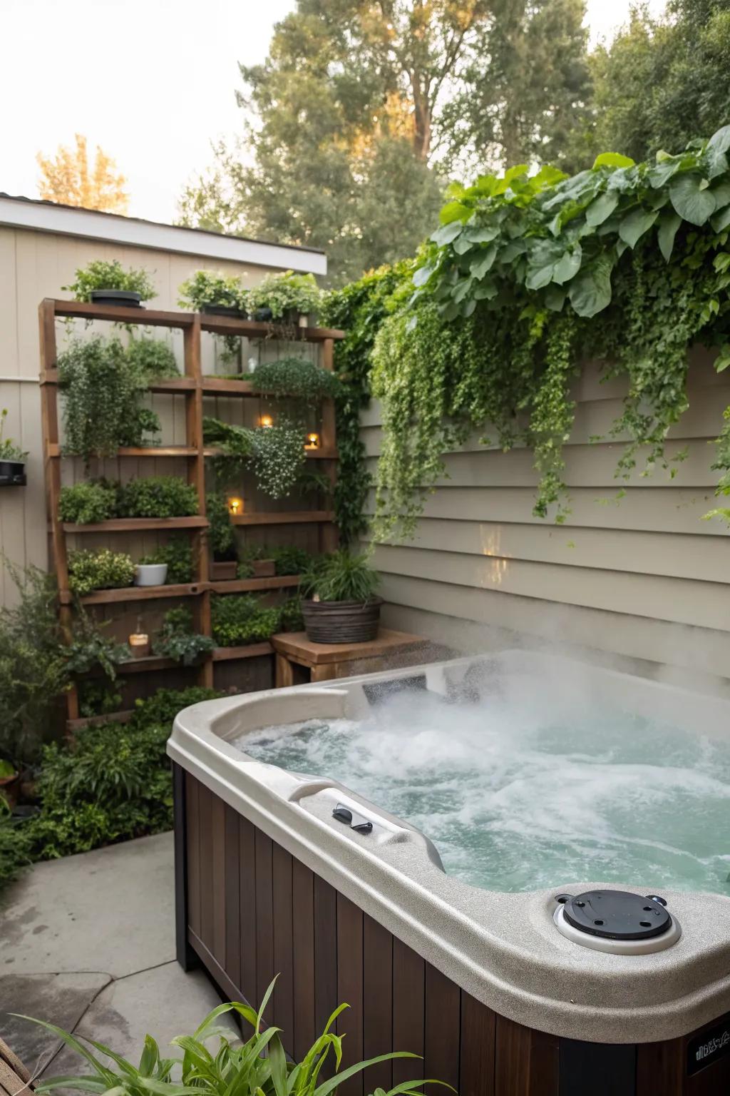 Floating shelves maximize greenery in compact spaces.