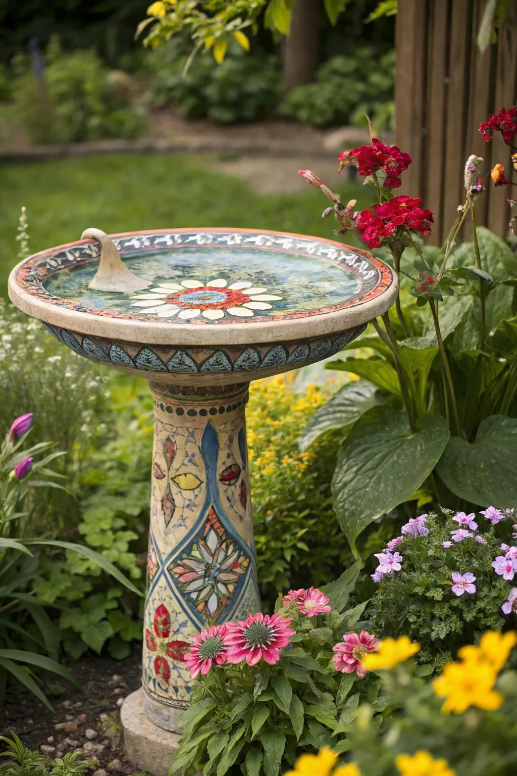 A tile mosaic bird bath adds a burst of color and creativity.