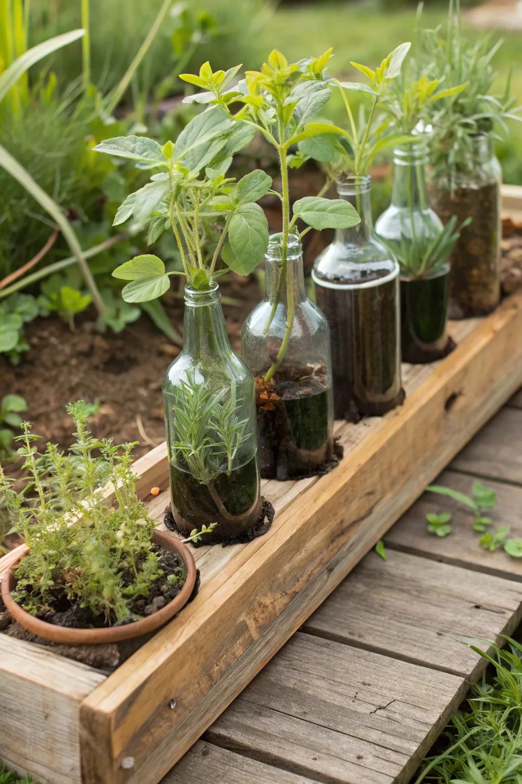 Create an eco-friendly display with glass bottle plant holders.