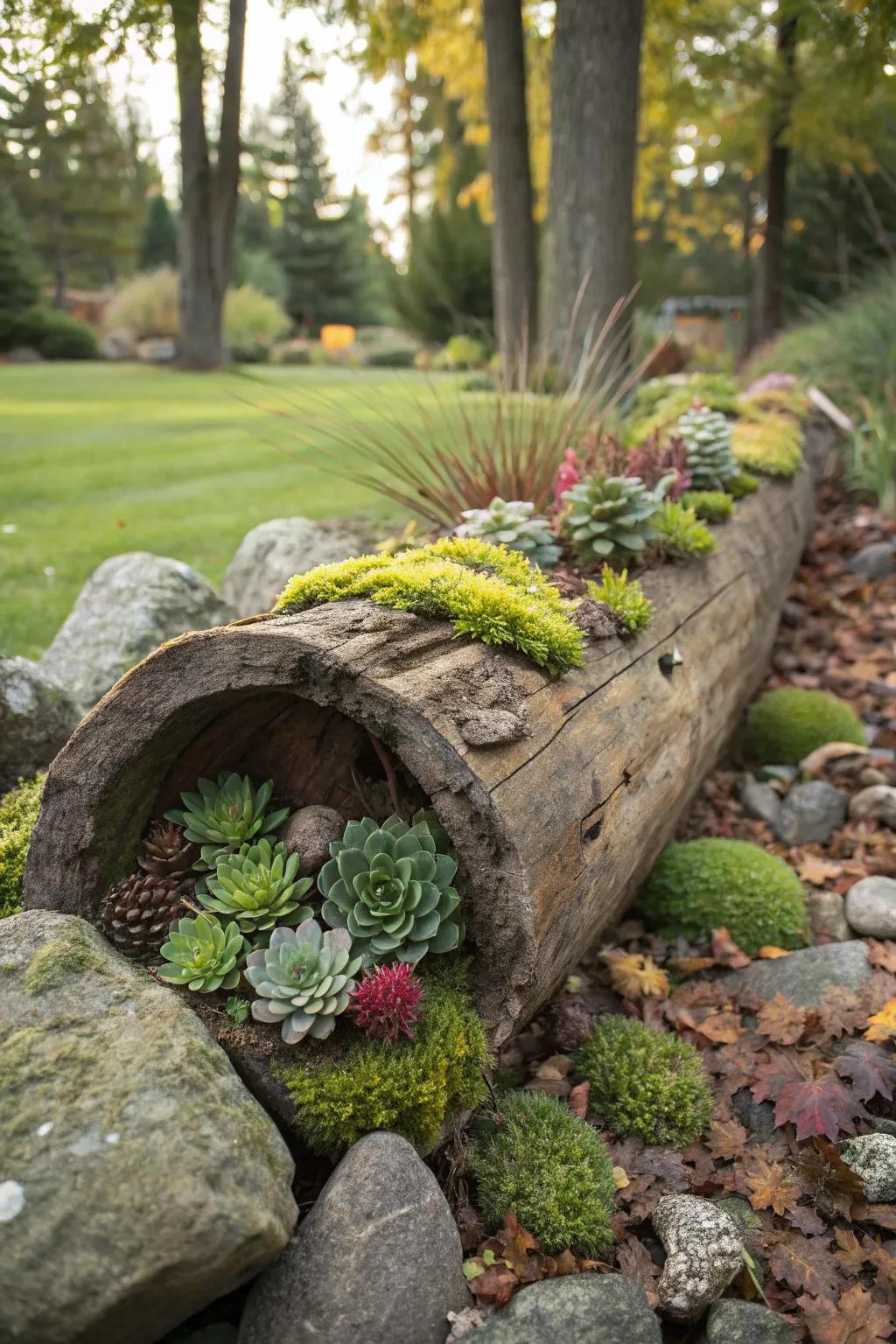 Log planters bring a natural, organic feel to outdoor spaces.