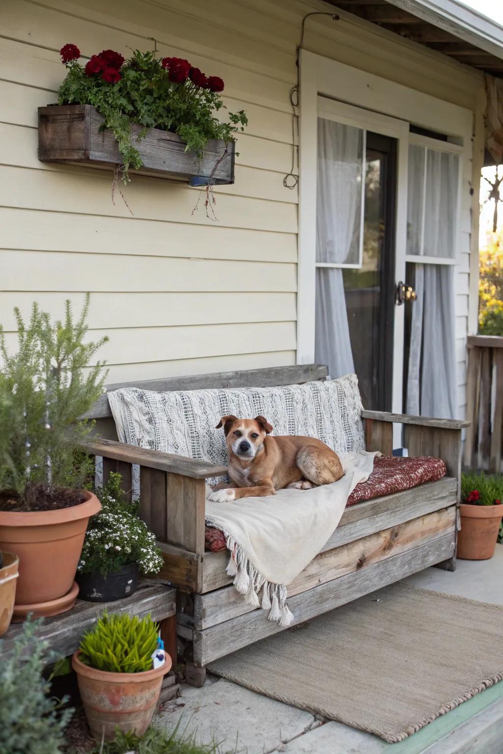 Repurposed elements add charm and creativity to dog-friendly porches.