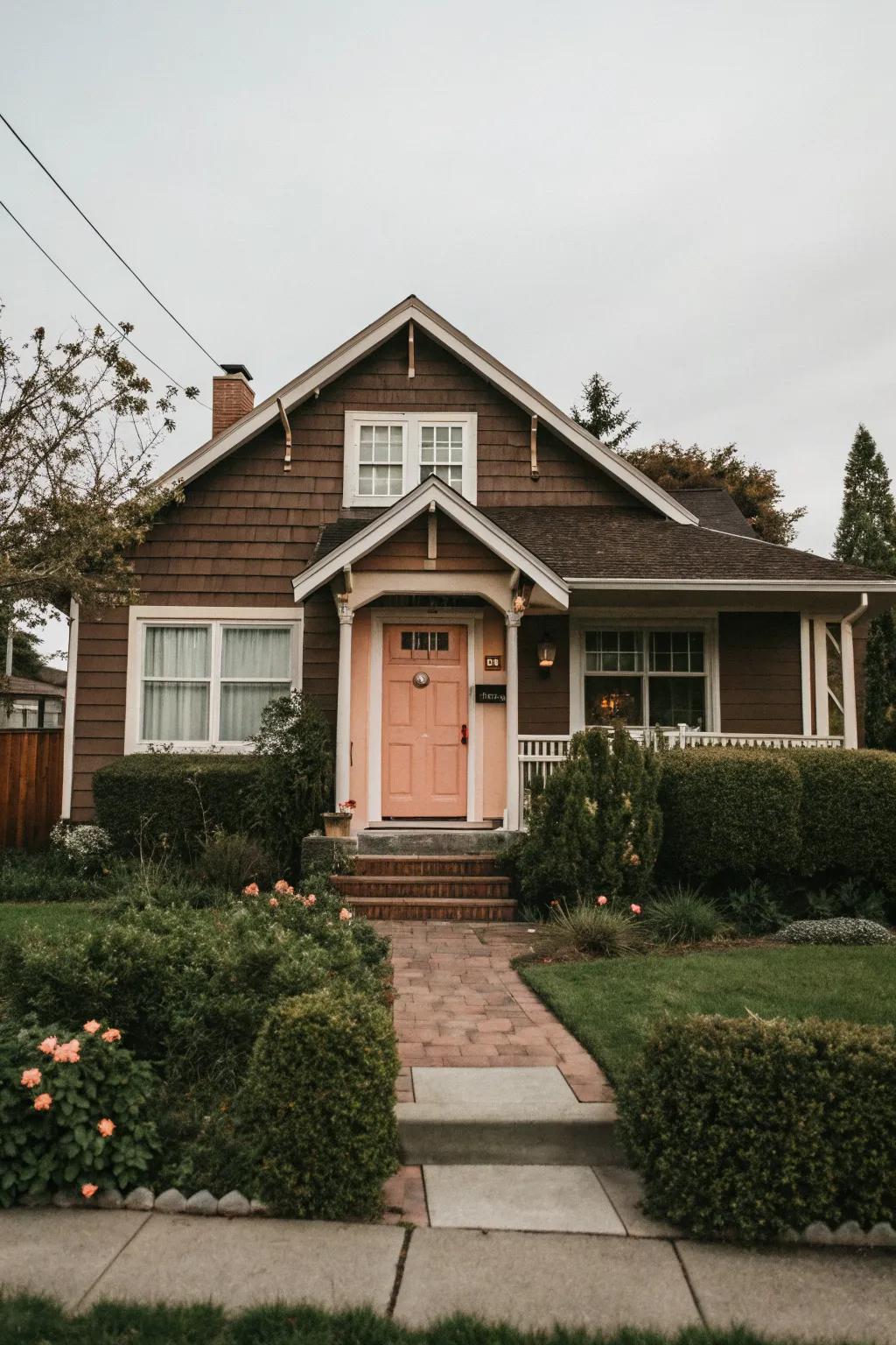 Peach doors offer a gentle, welcoming touch to brown exteriors.