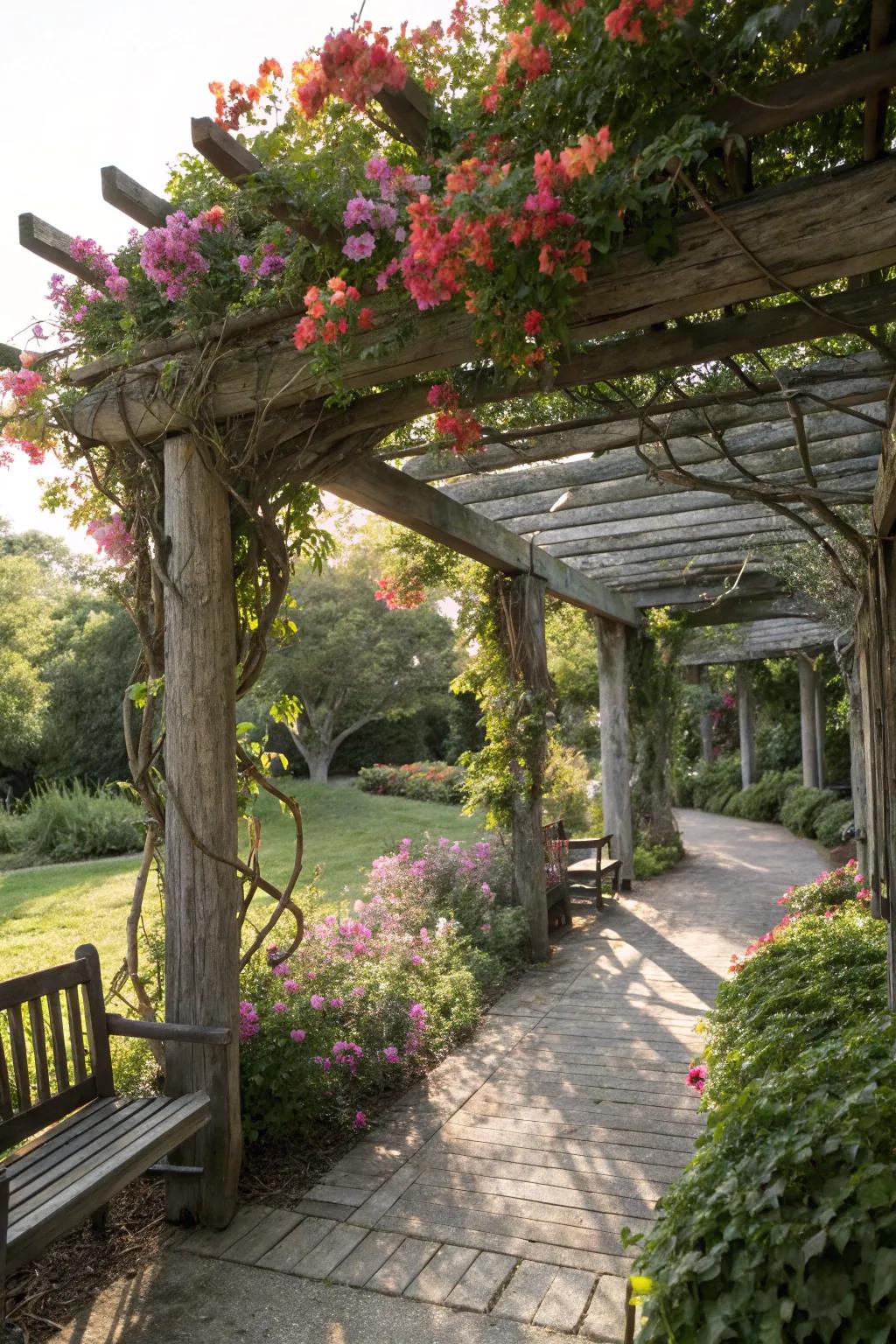 A tranquil driftwood pergola offering garden shade.