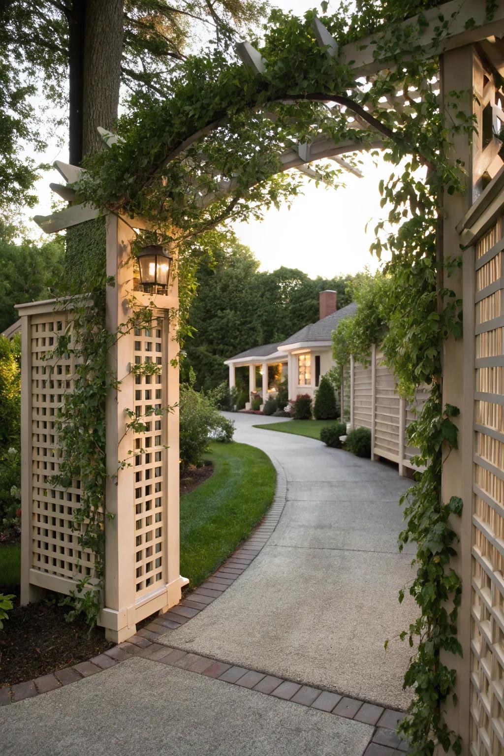 Lattice panels with vines add a whimsical and inviting touch to your driveway.