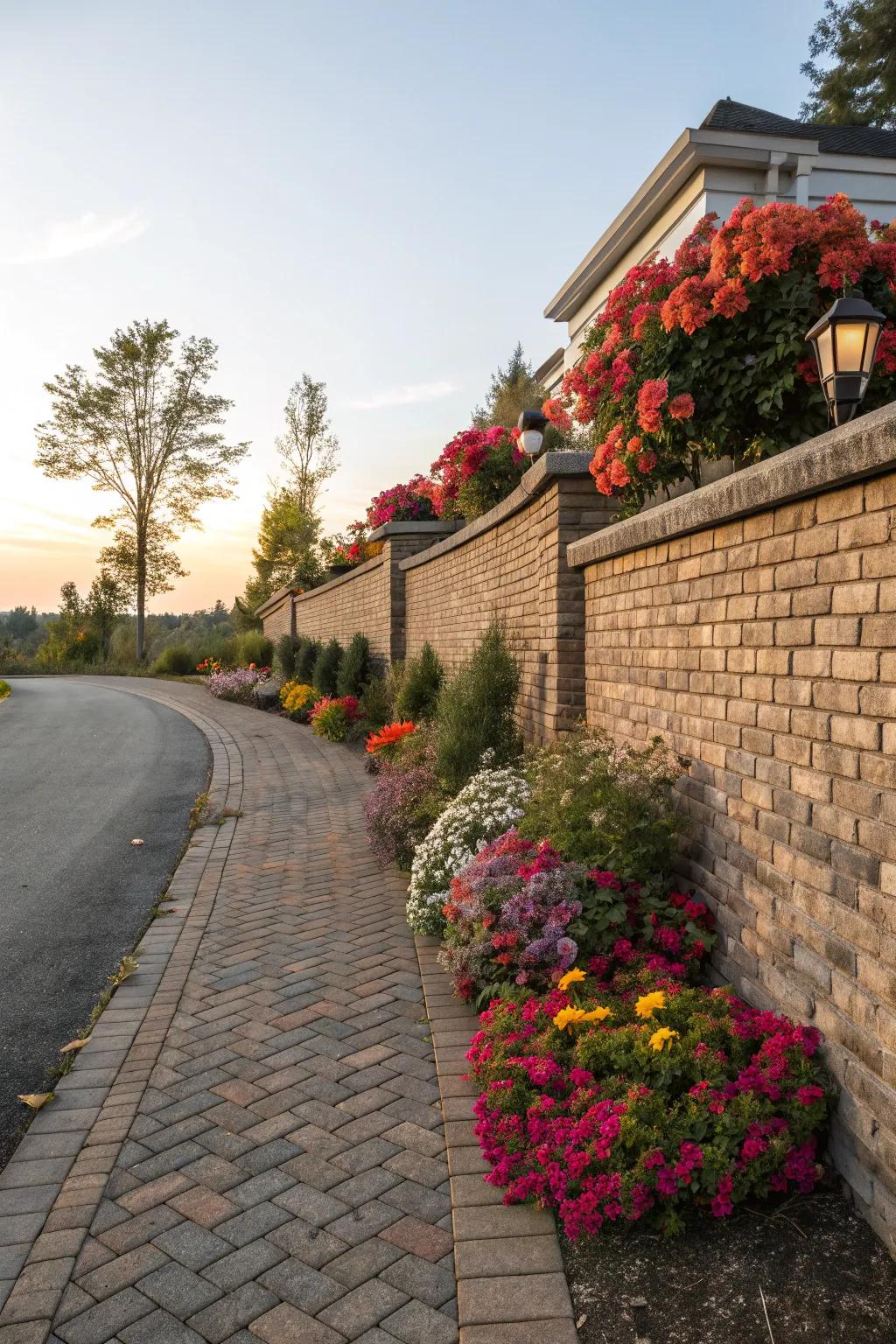 Seasonal blooms add vibrant color to the top of the brick wall.