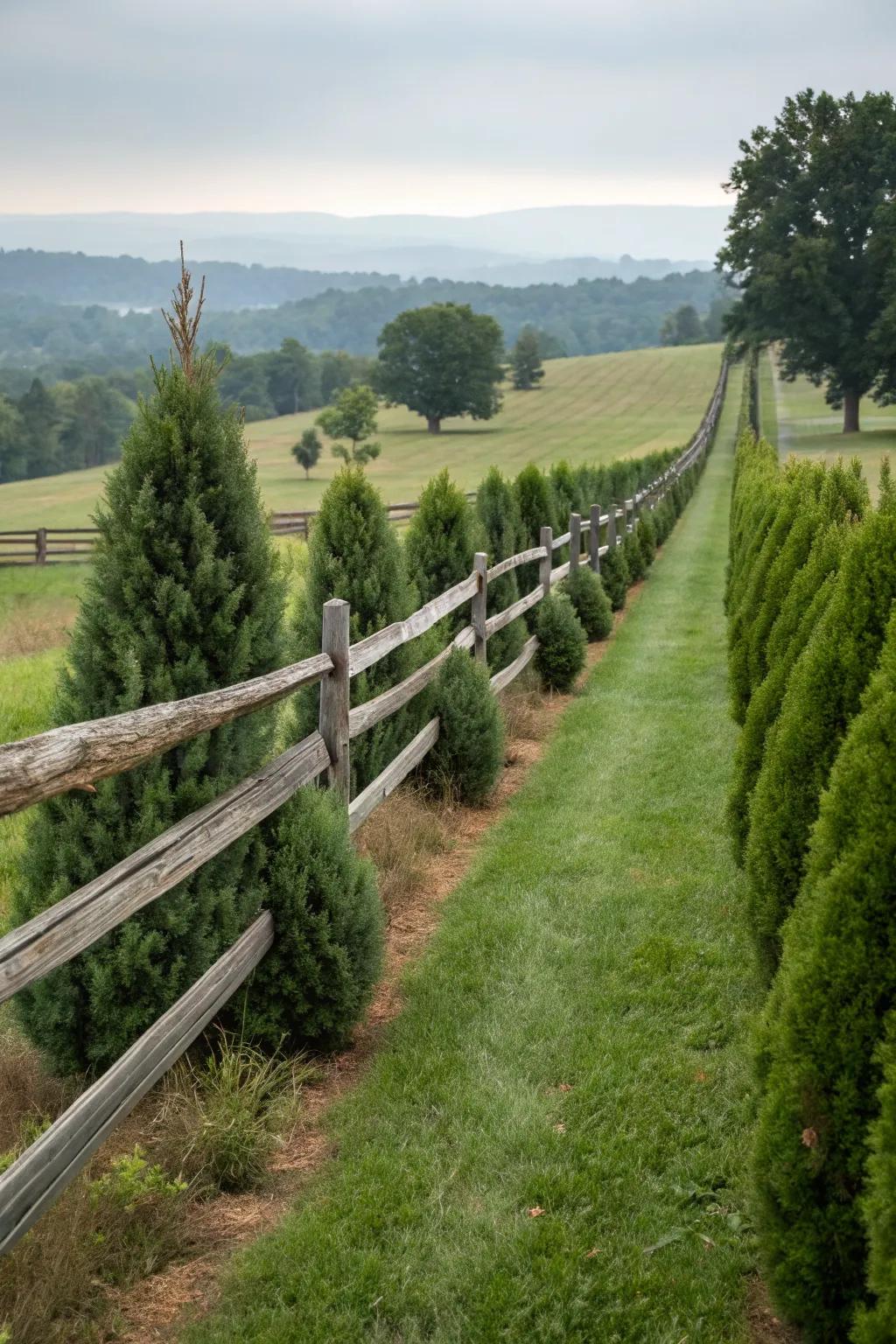 Symmetrical evergreens adding balance to a split rail fence.