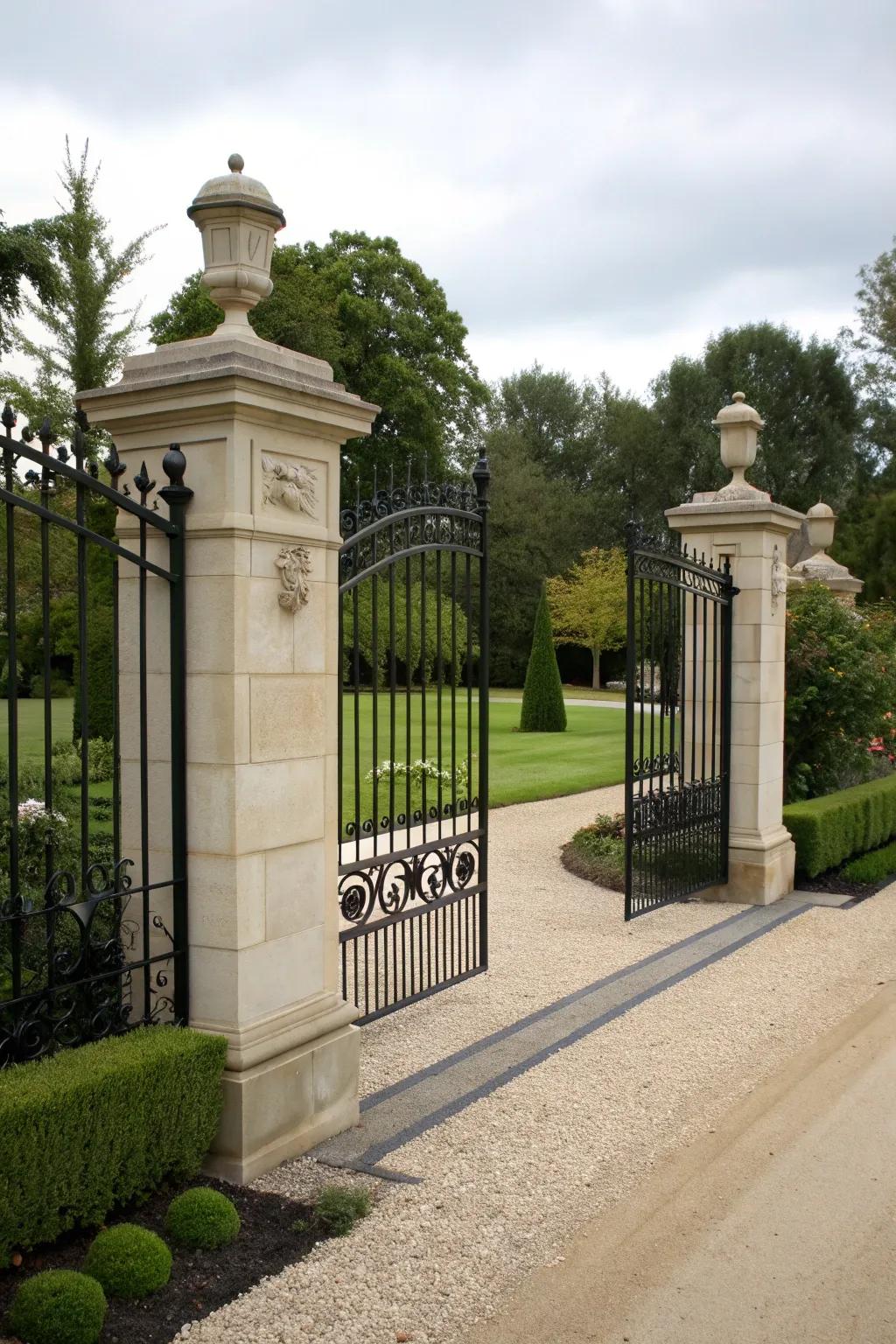 Matching gate and fence designs create a cohesive entrance.