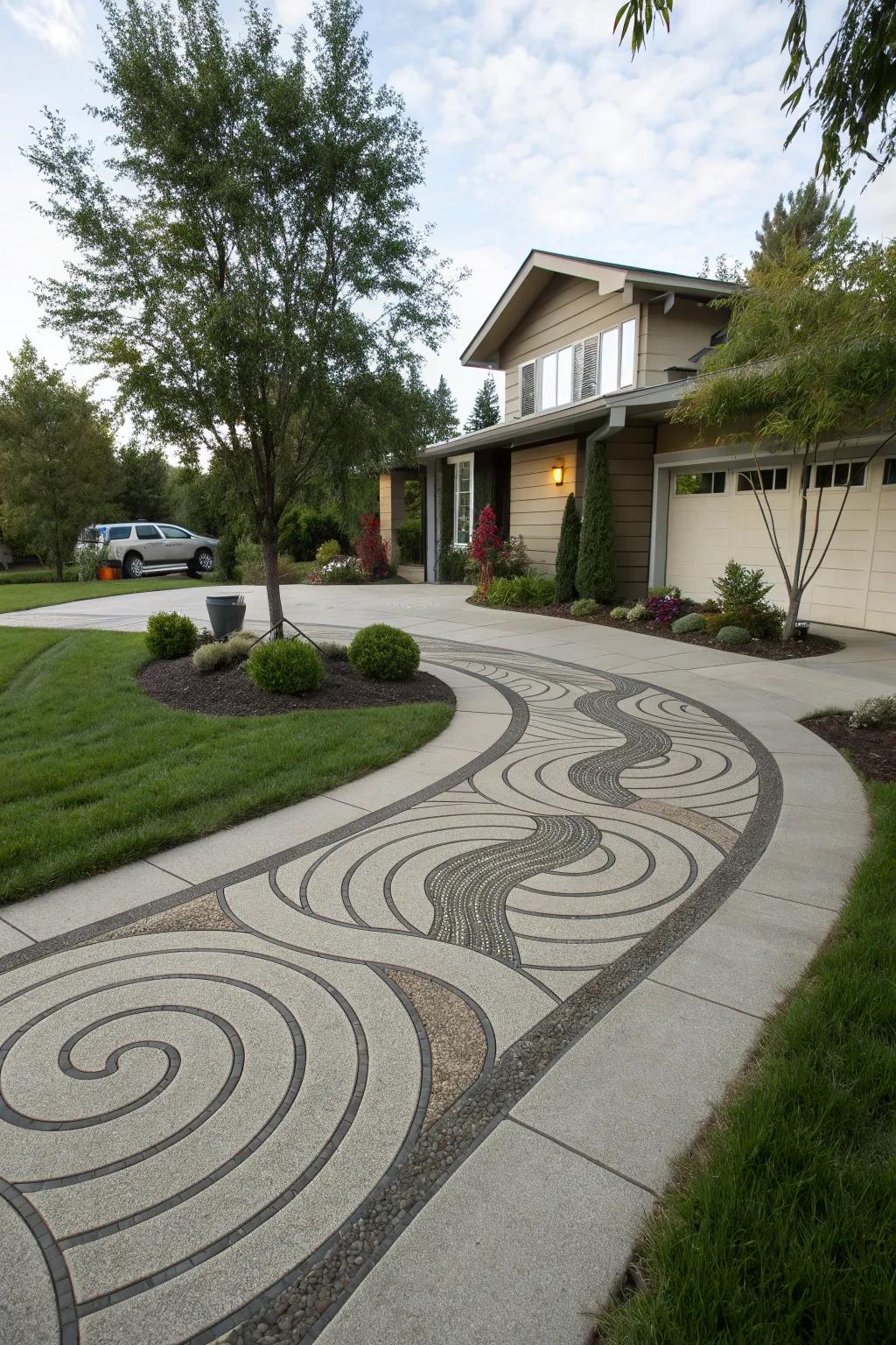 A driveway with artistic and dynamic wave patterns.