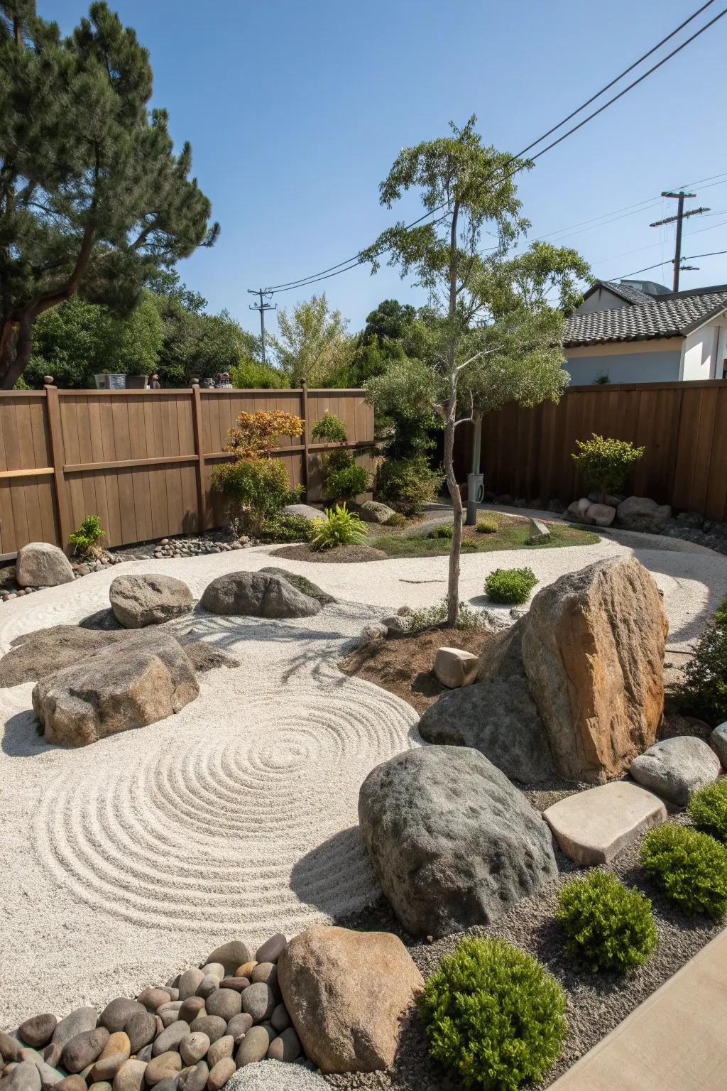 Zen rock gardens provide peace and require minimal maintenance.