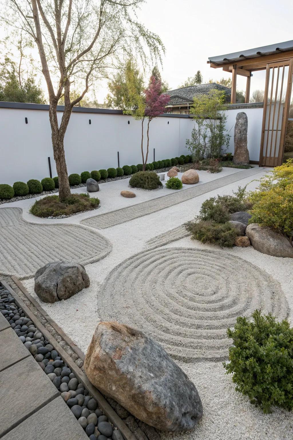 Zen garden elements create a serene and contemplative atmosphere.