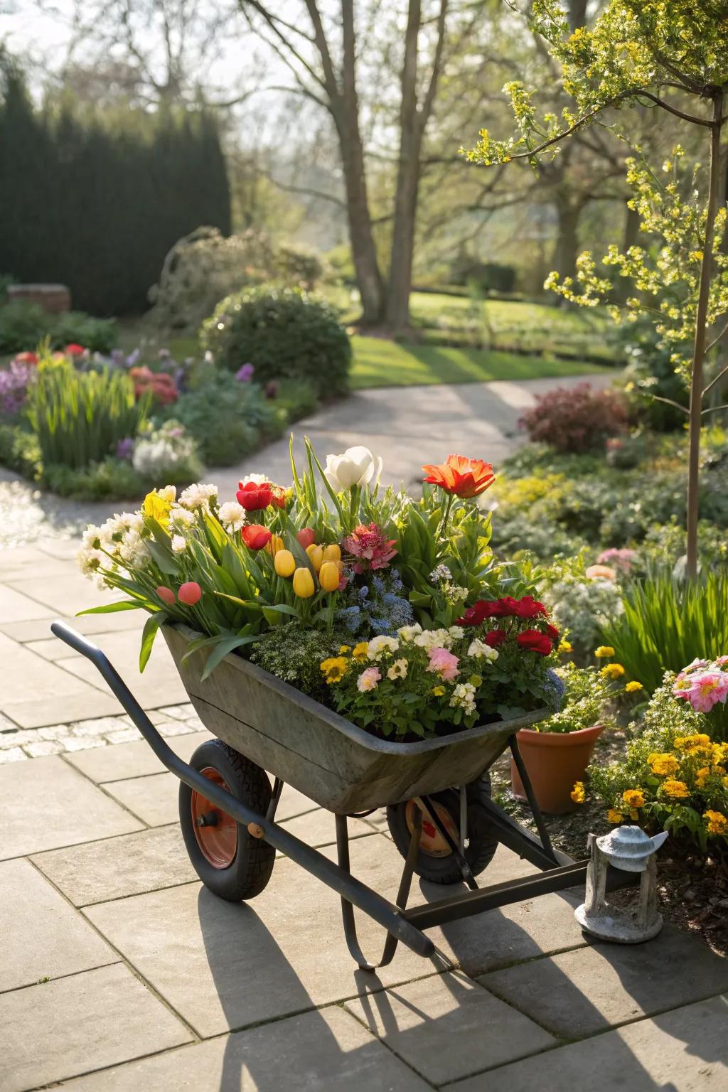 A portable garden cart offering flexibility and fun with vibrant blooms.