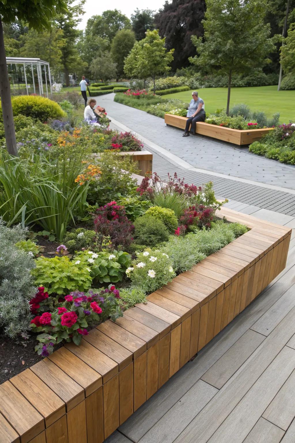 Seating edges offer a cozy spot to enjoy the garden.