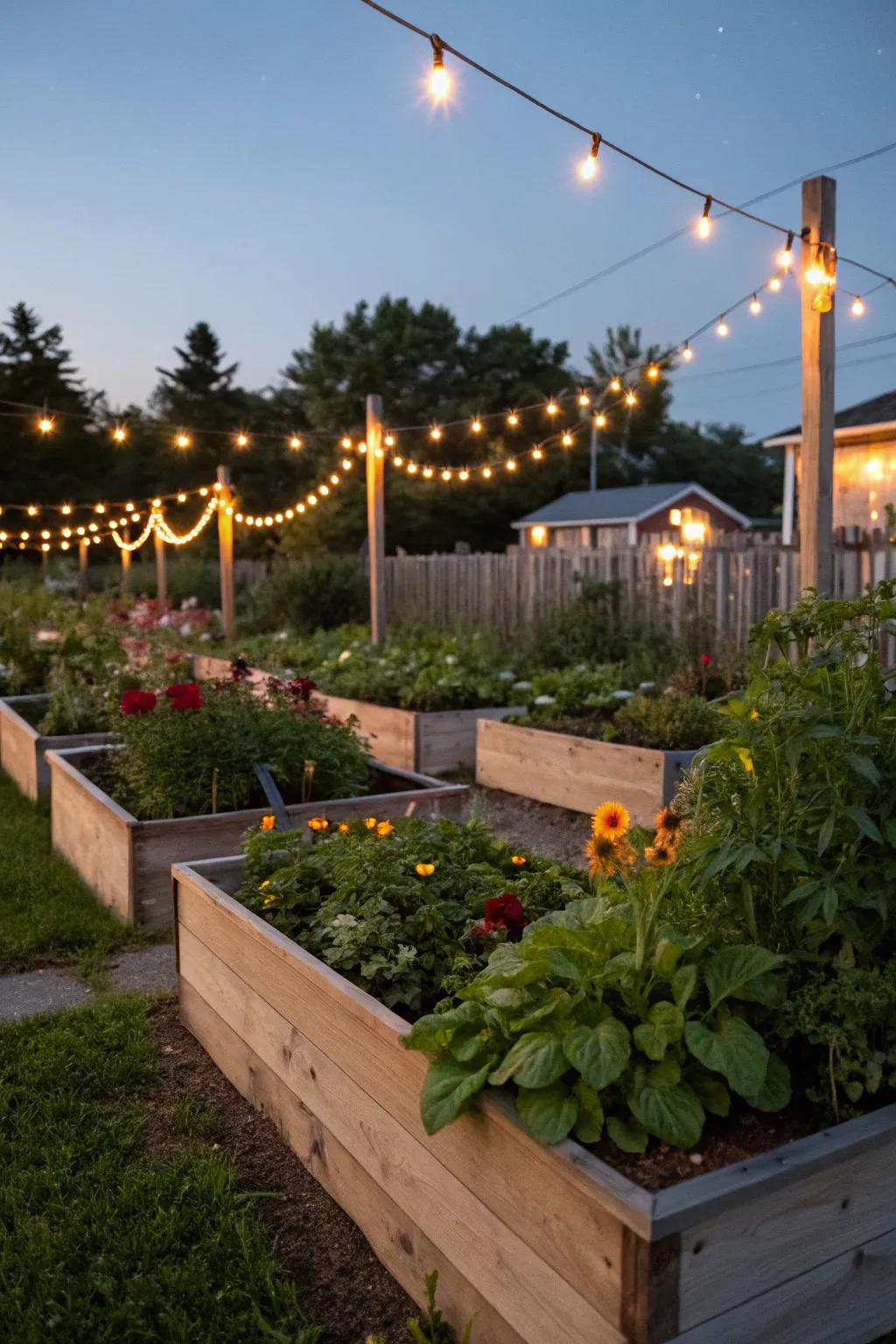 Magical evening ambiance with garden lighting accents.