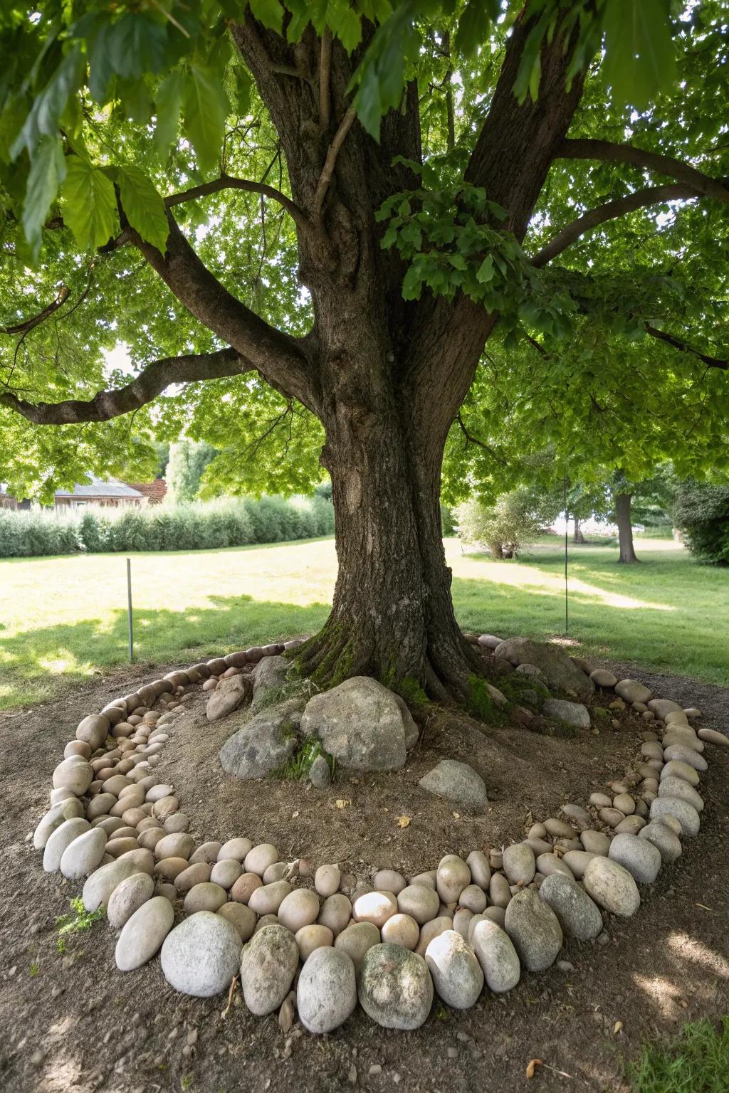 Egg rocks enhance and protect tree bases.