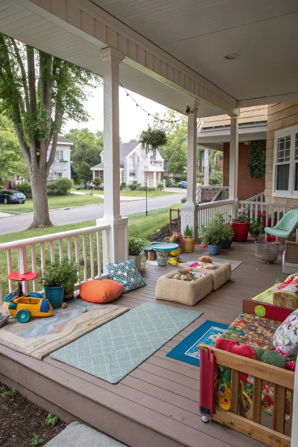 A kid-friendly porch zone keeps little ones entertained and safe.
