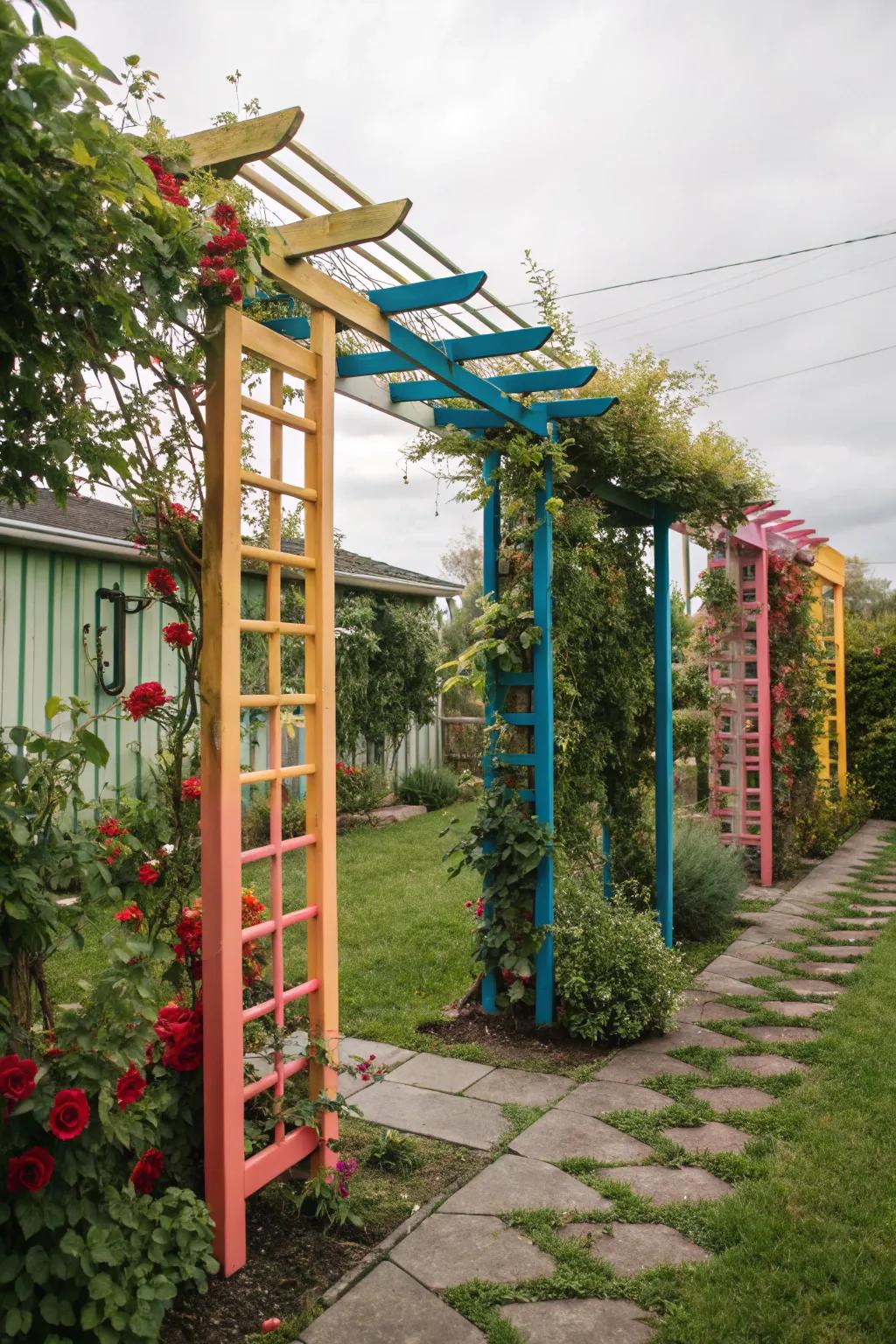 Colorful trellises in the backyard, adding vertical interest.