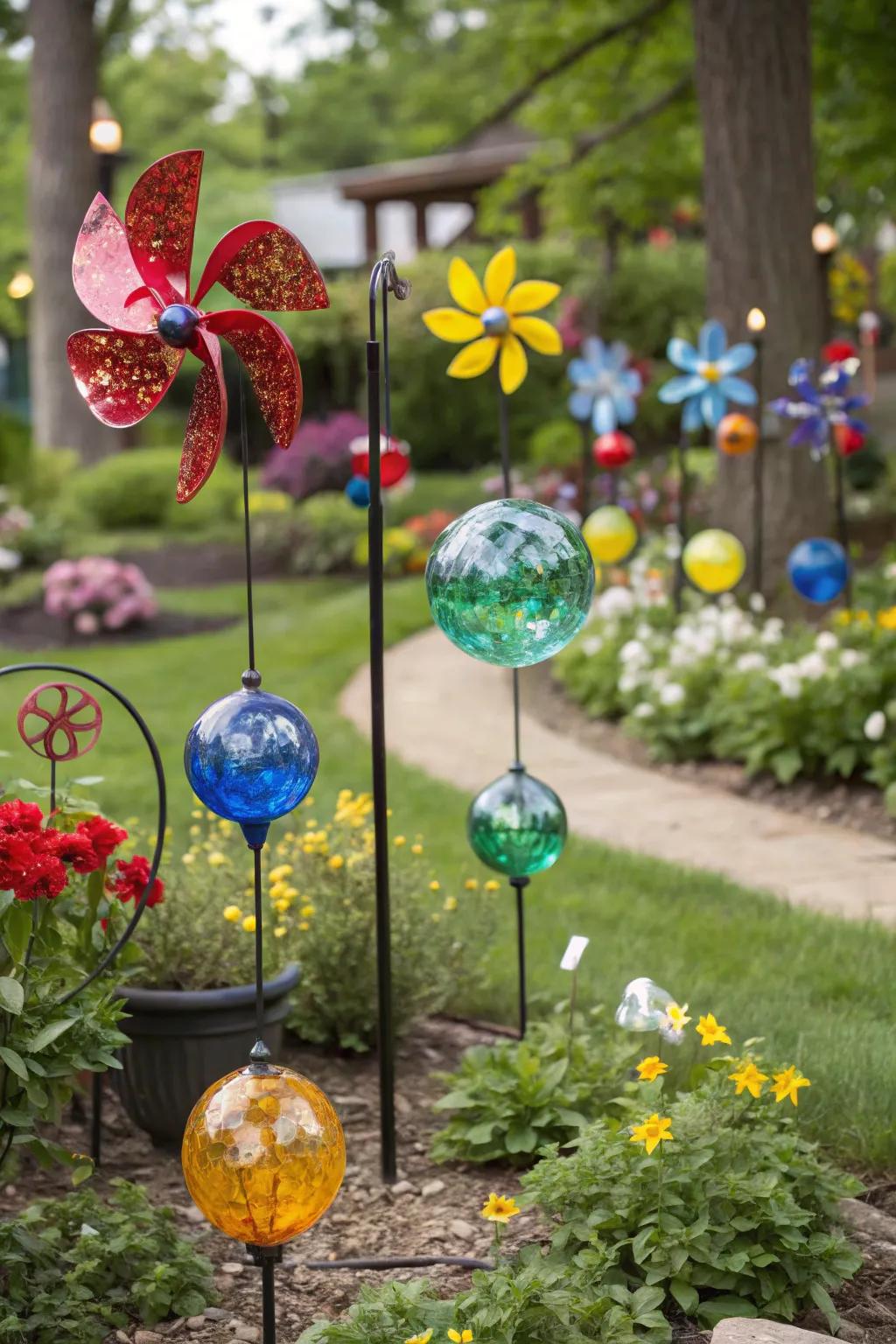 Add a playful touch with vibrant garden ornaments.