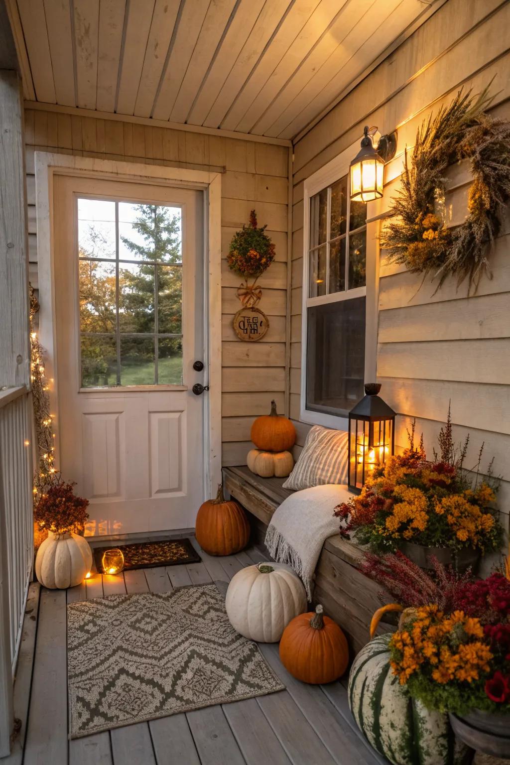 A seasonal decor display keeps a small enclosed porch looking fresh and inviting.