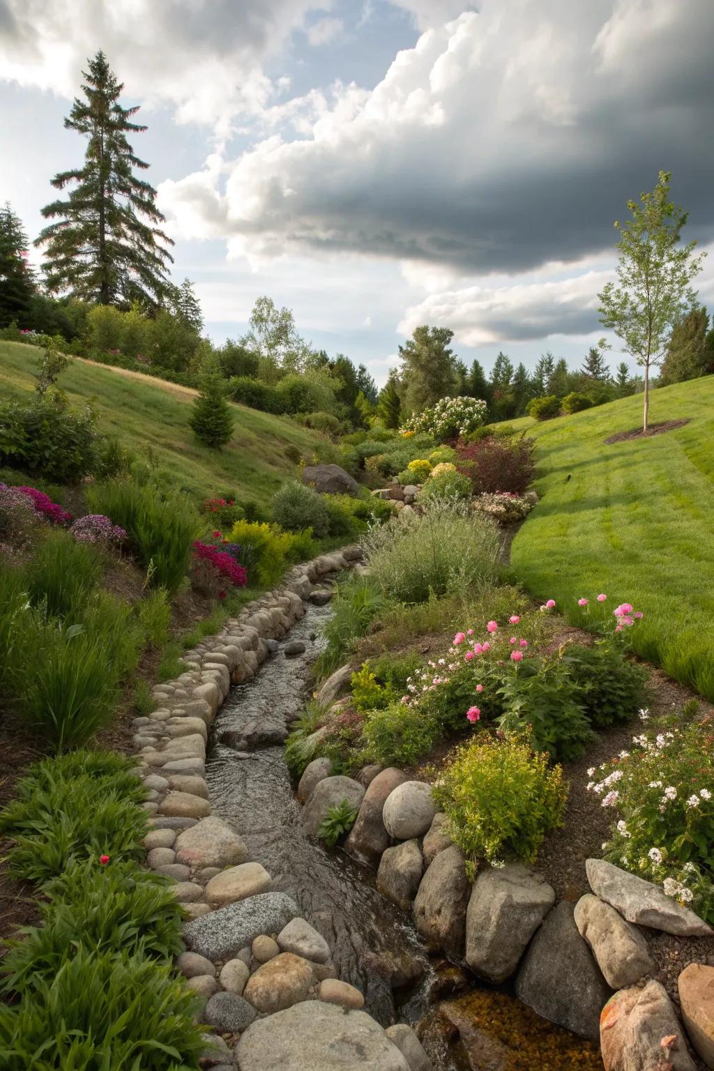 A garden swale directing water flow, enhancing erosion control.