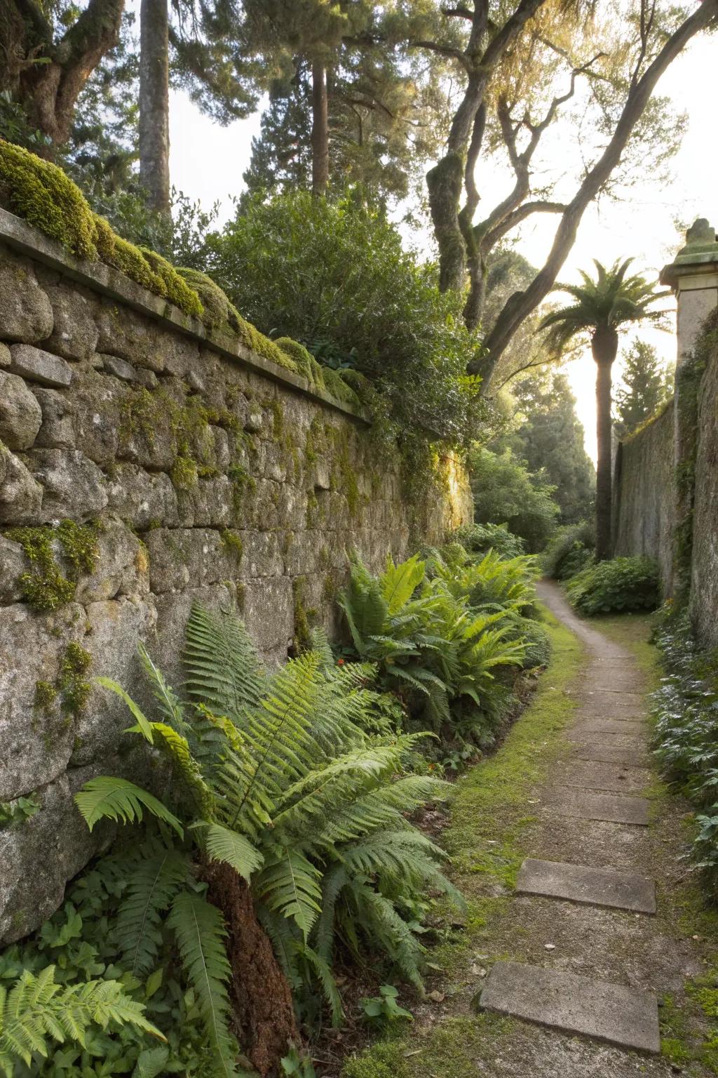 An old stone wall adds a rustic touch to the border.