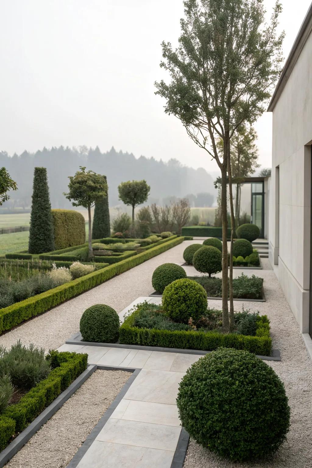 Minimalist garden design with clean lines and evergreen plants.
