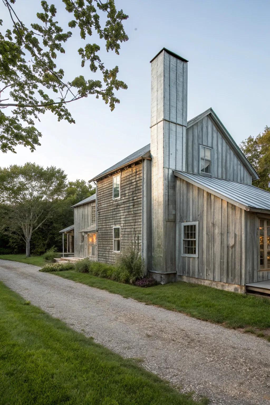 Corrugated metal gives chimneys a rustic industrial charm.
