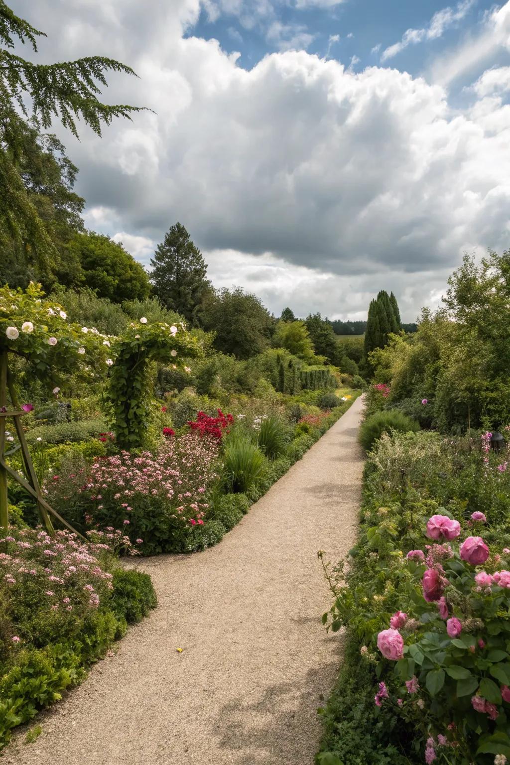A whimsical garden with a winding gravel pathway.