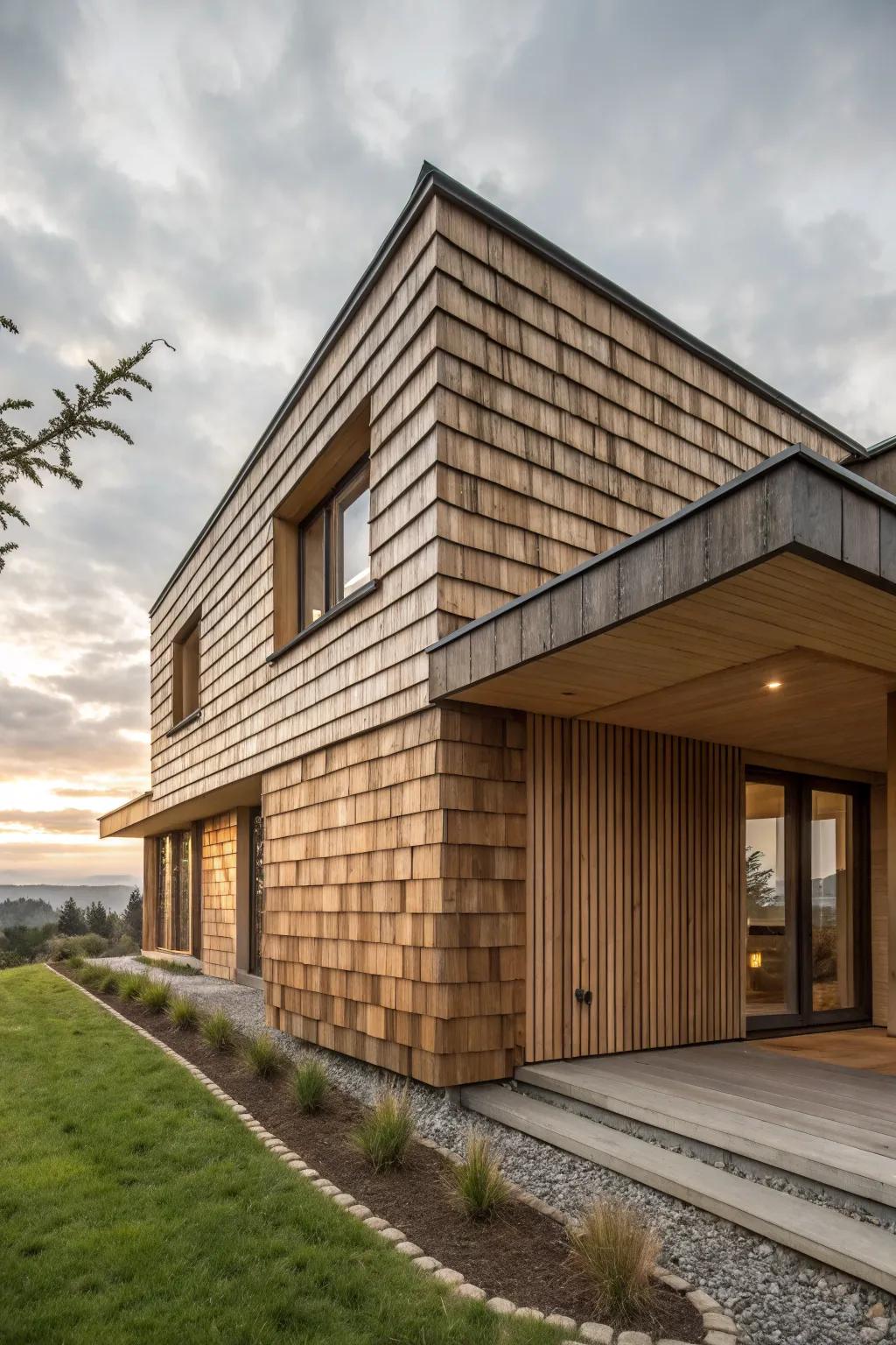 Home with layered wood cladding textures