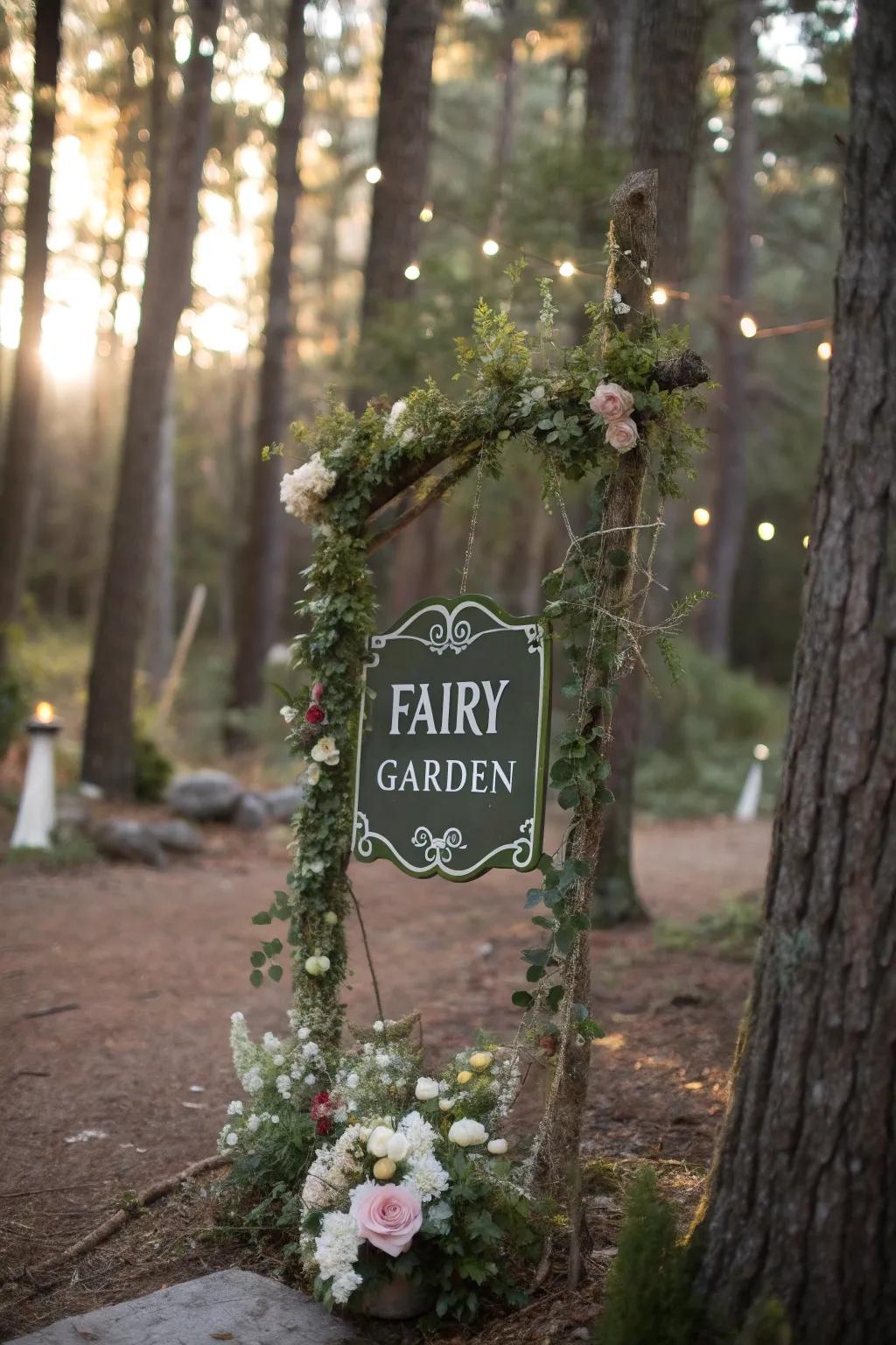 A woodland-themed fairy garden sign that seems to whisper secrets of the forest.