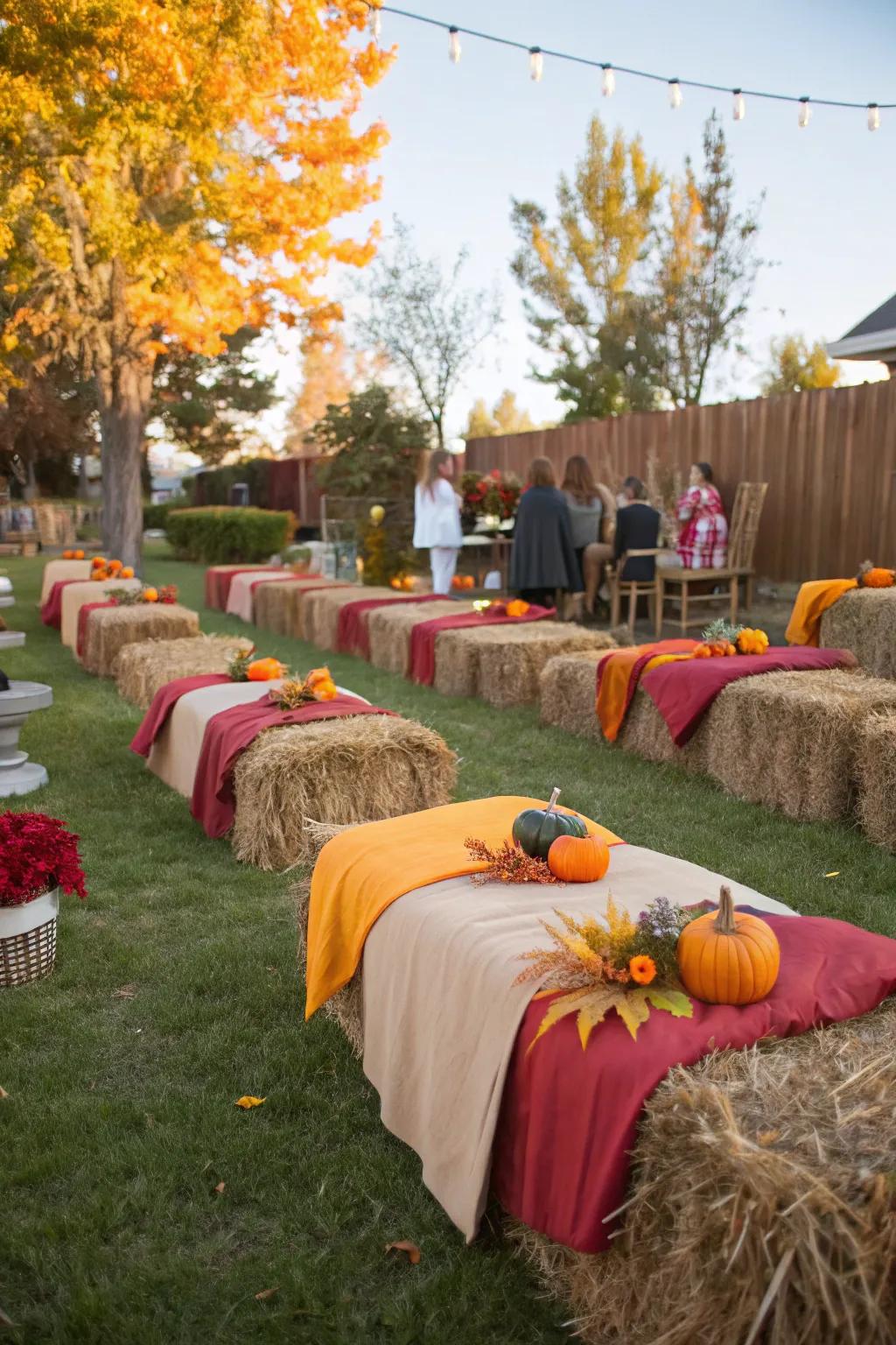 Hay bale seating adds rustic charm and comfort.