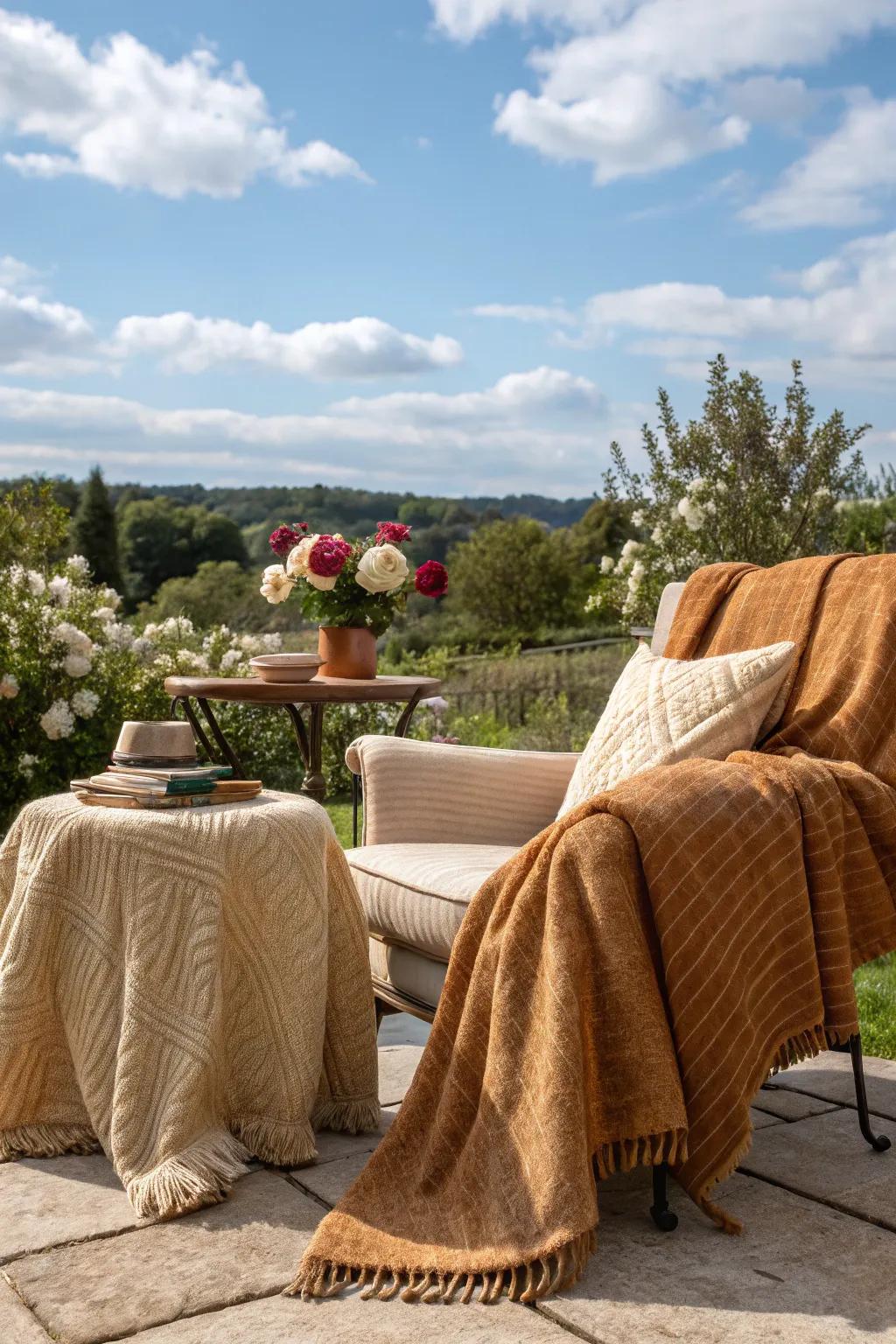 Warm, textured furniture covers add comfort and coziness.