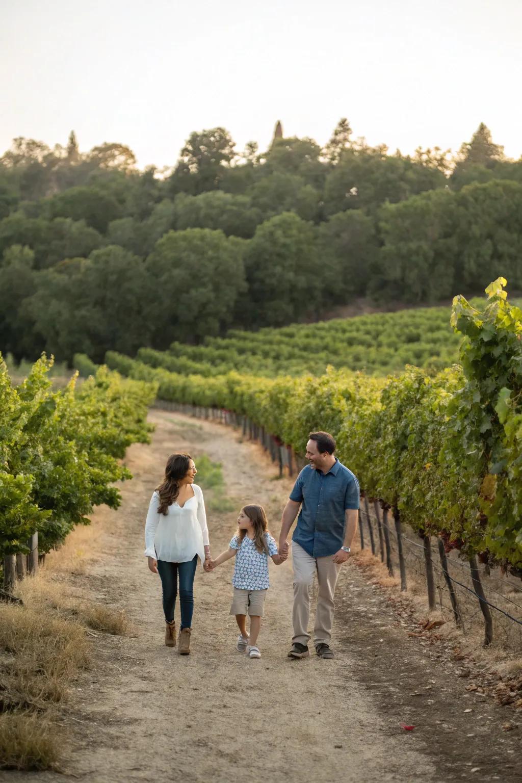Vineyard family stroll, capturing elegance in nature.