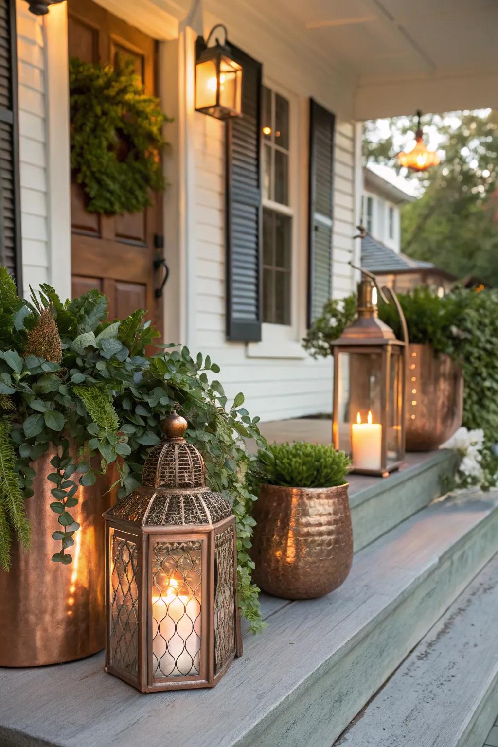 Metal accents bring shine and elegance to porch decor.