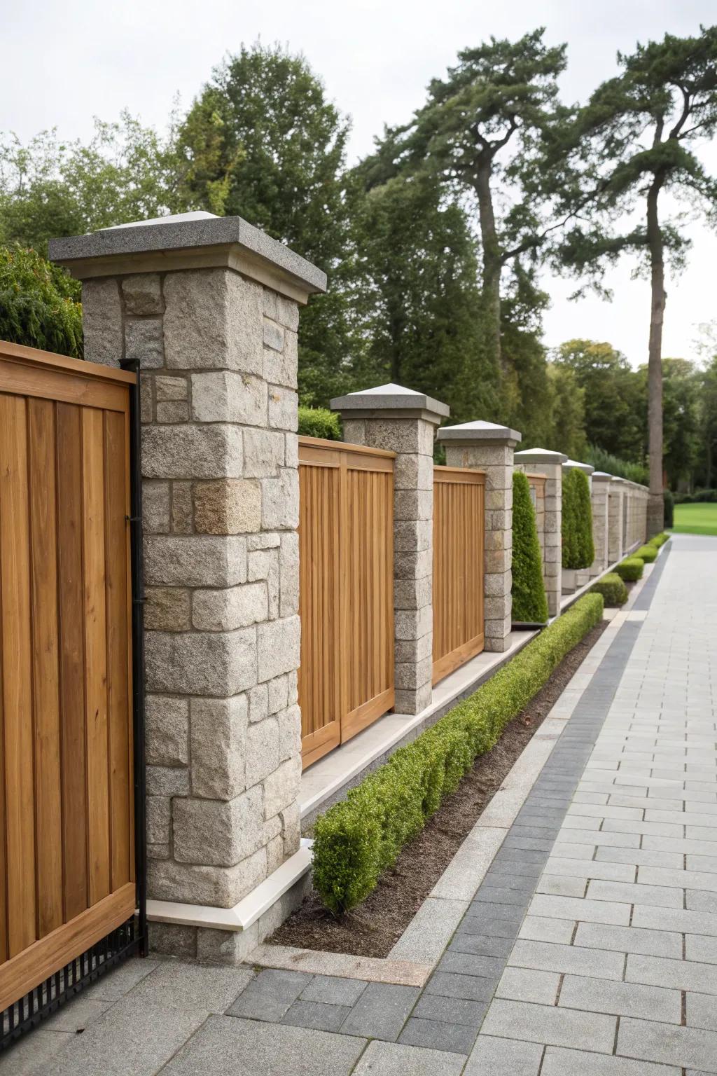 Stone pillars and wood panels create a sophisticated fence.