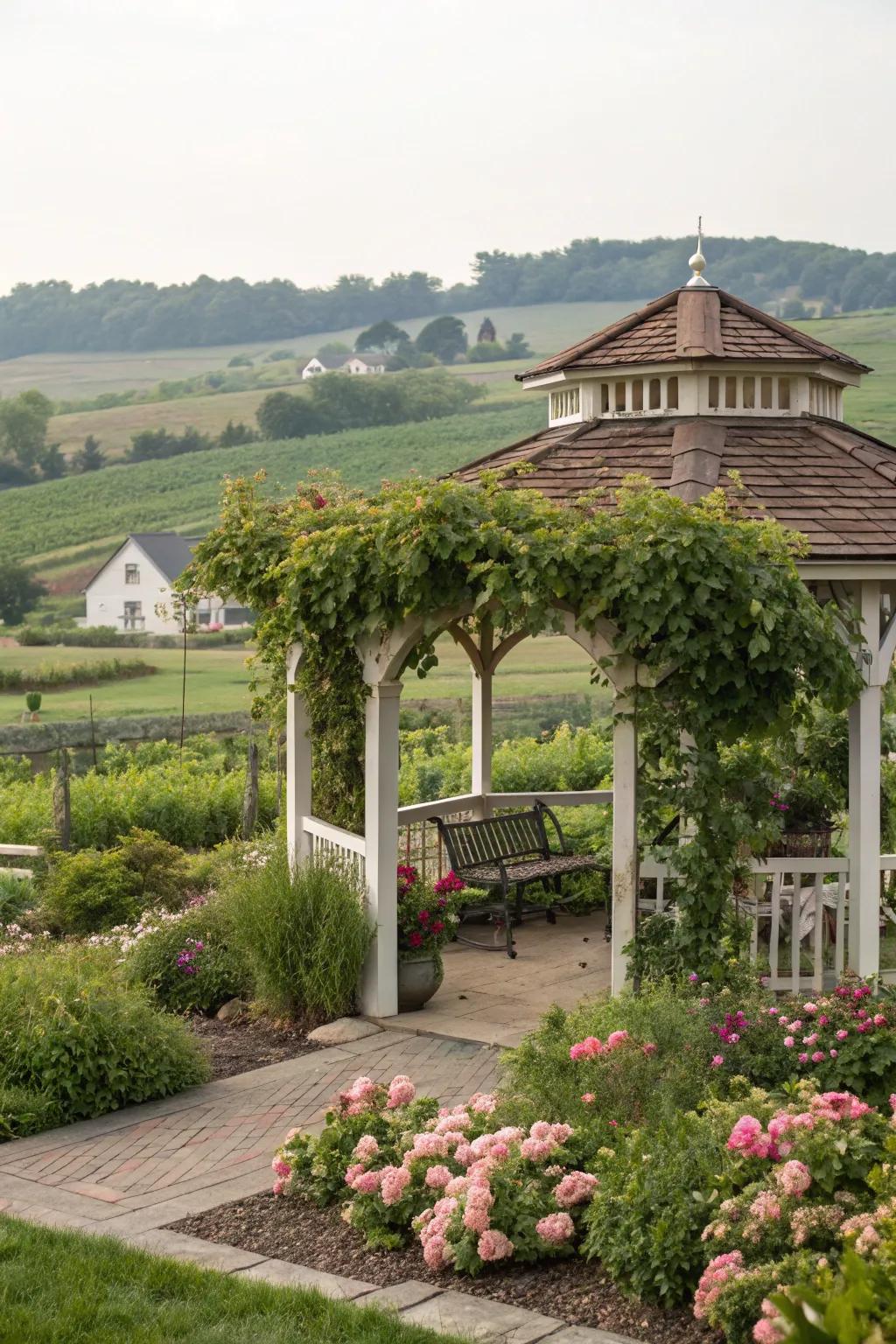 A pergola extension provides extra shade and style to this gazebo.