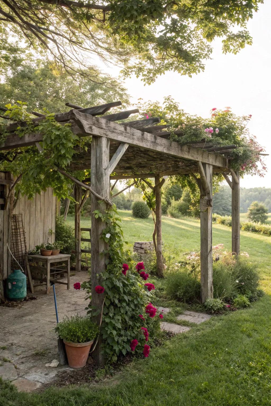 A pergola provides structure and shade while enhancing farmhouse charm.