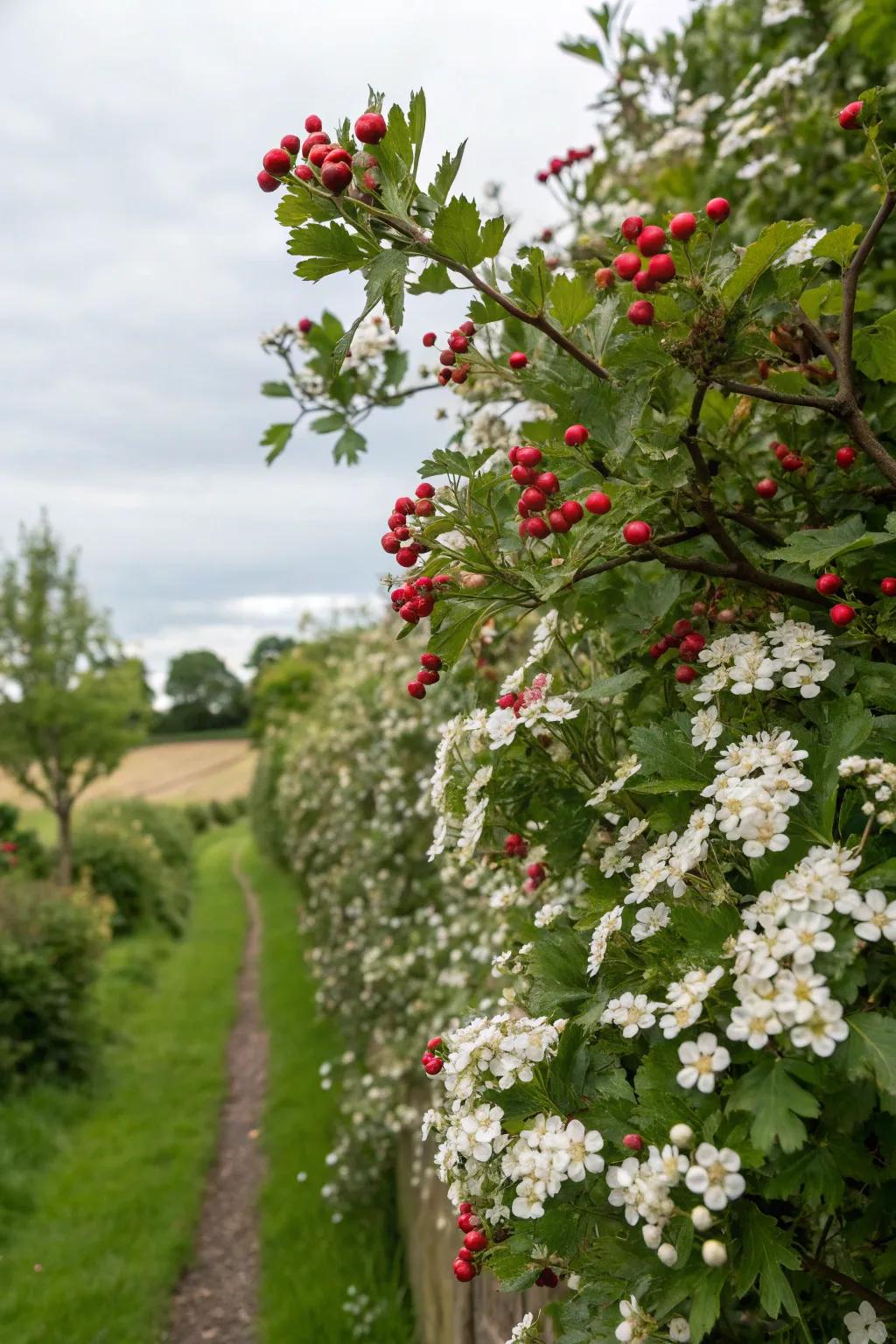 Hawthorn hedges foster a wildlife-friendly garden.