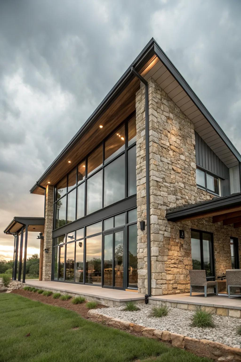 Industrial chic facade with faux stone