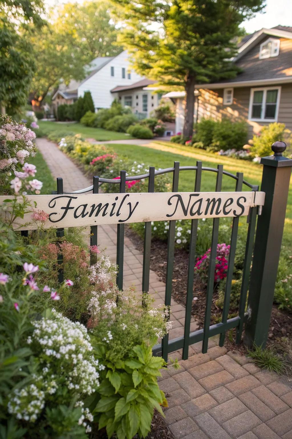Personalized family names add a unique identity to this garden fence.