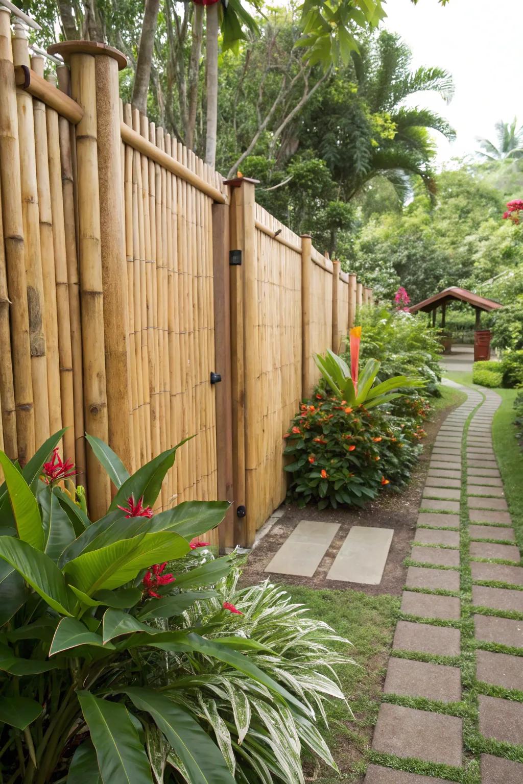 Bamboo panels adding a tropical touch to a garden fence.