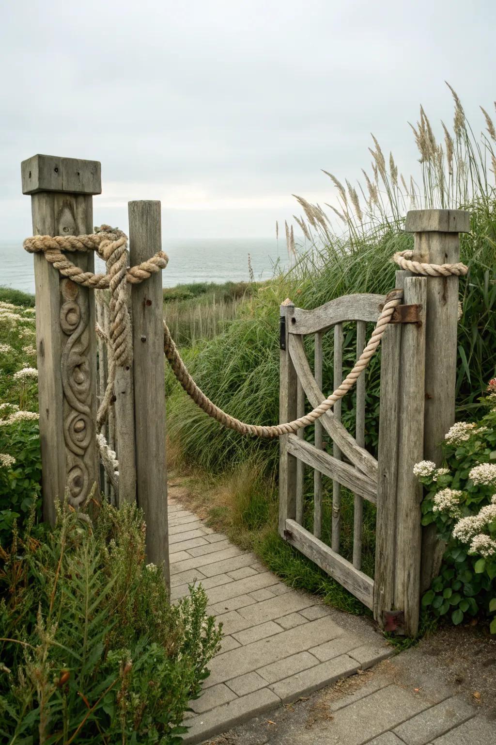 Rope details add a nautical touch to garden gates.