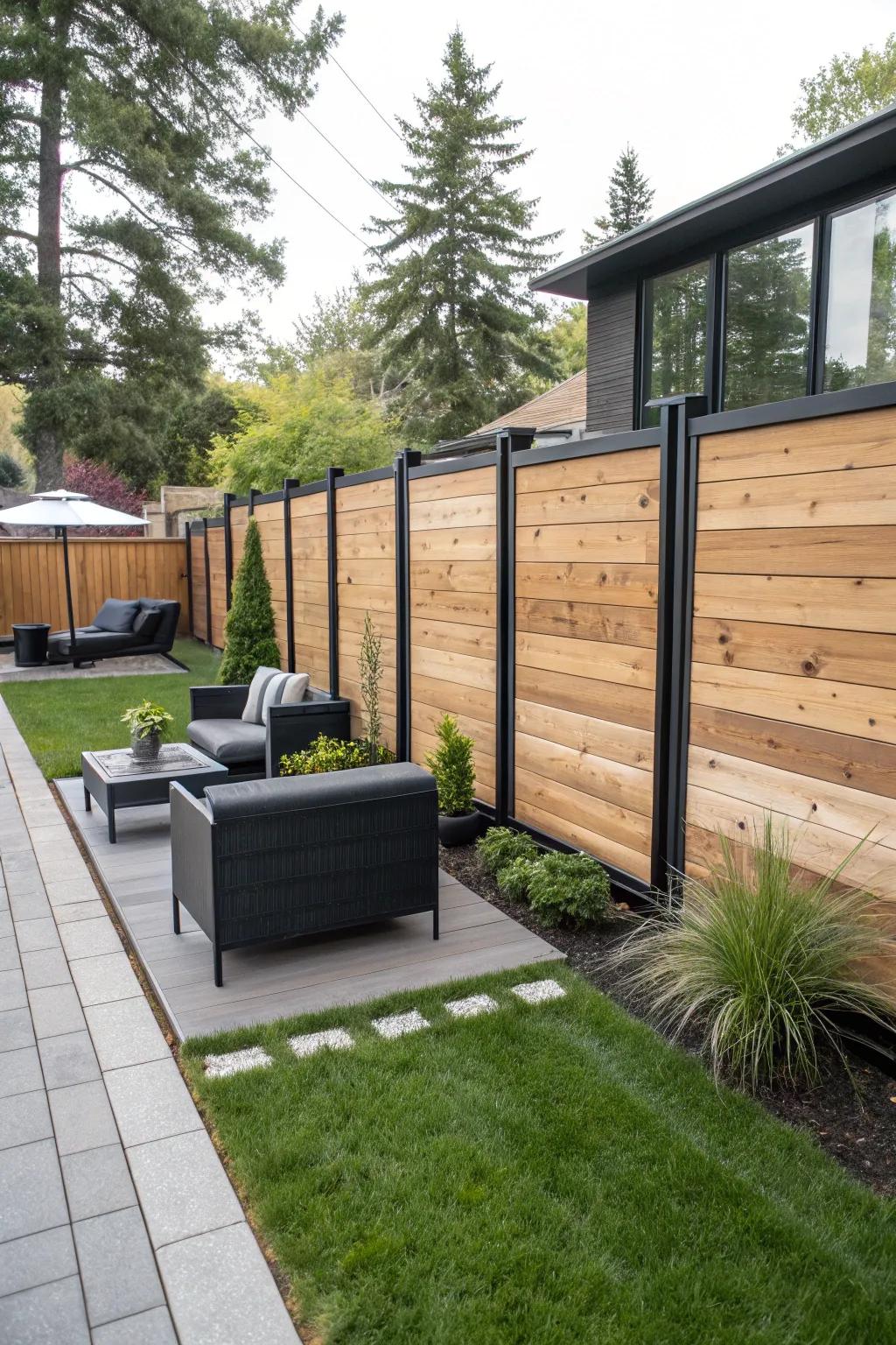 Cedar and black frame fences offer striking modern contrasts.