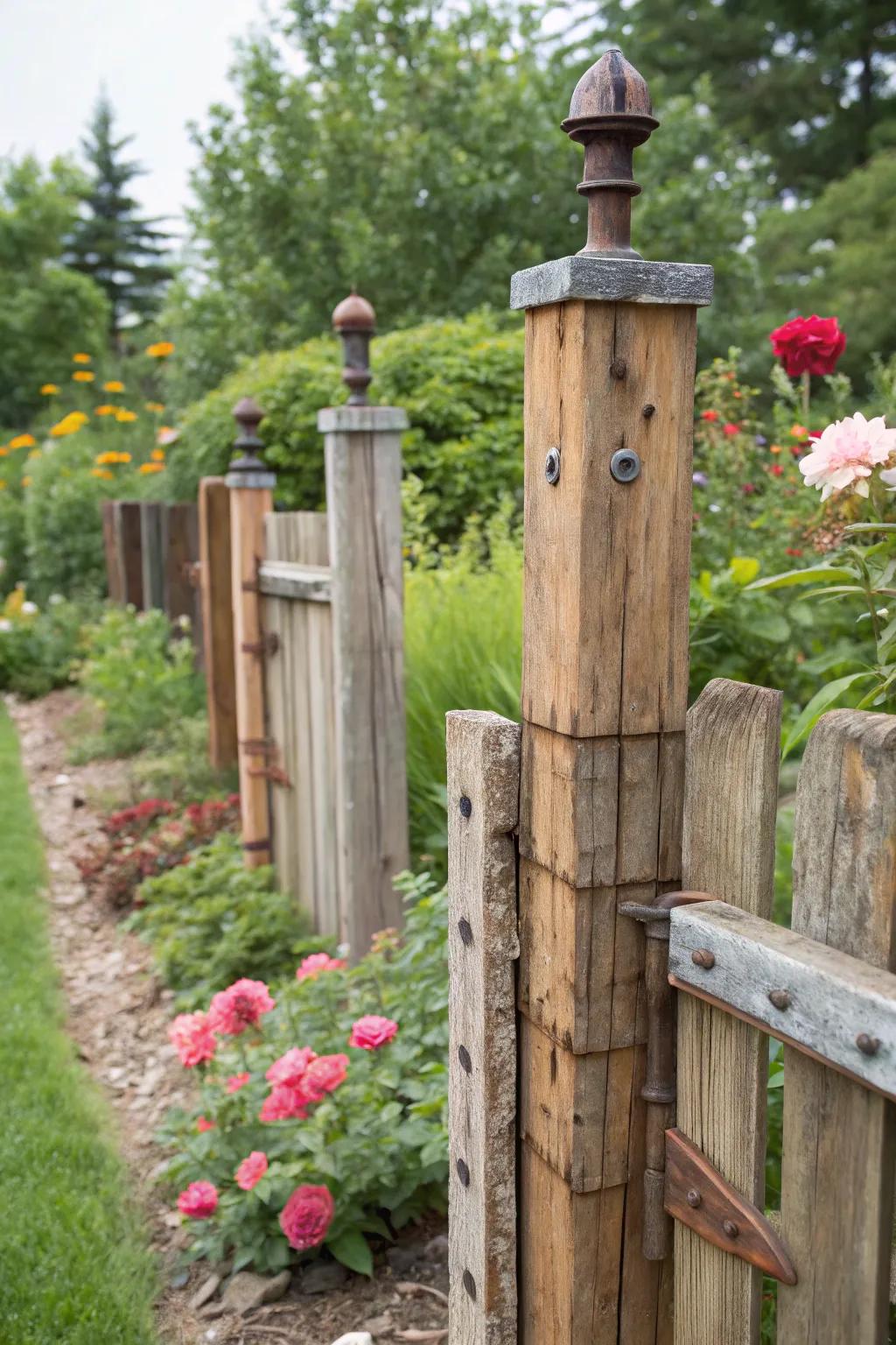Eco-friendly fence posts crafted from reclaimed materials.