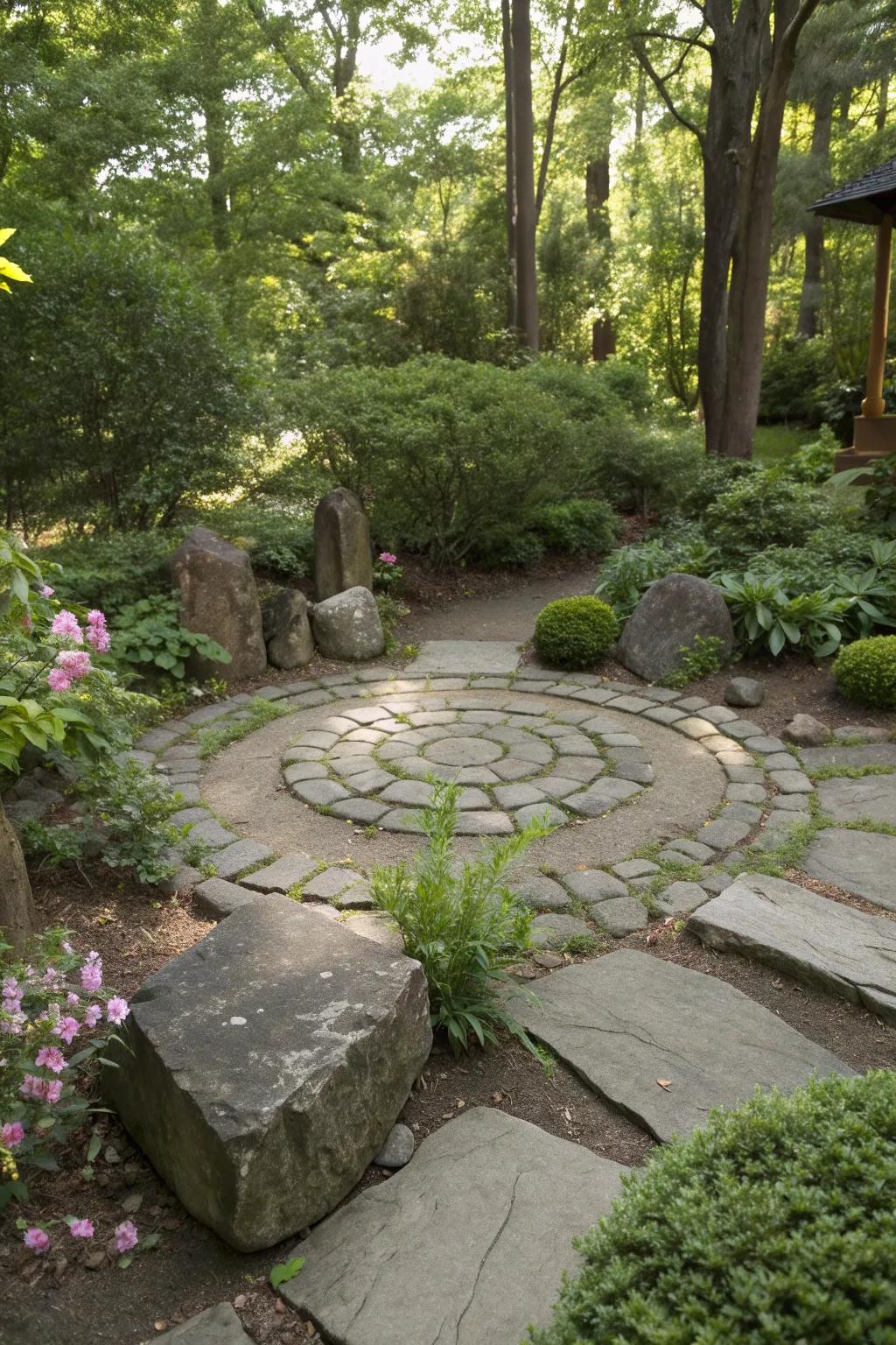 Fieldstone meditation circles offer peaceful retreats in gardens.