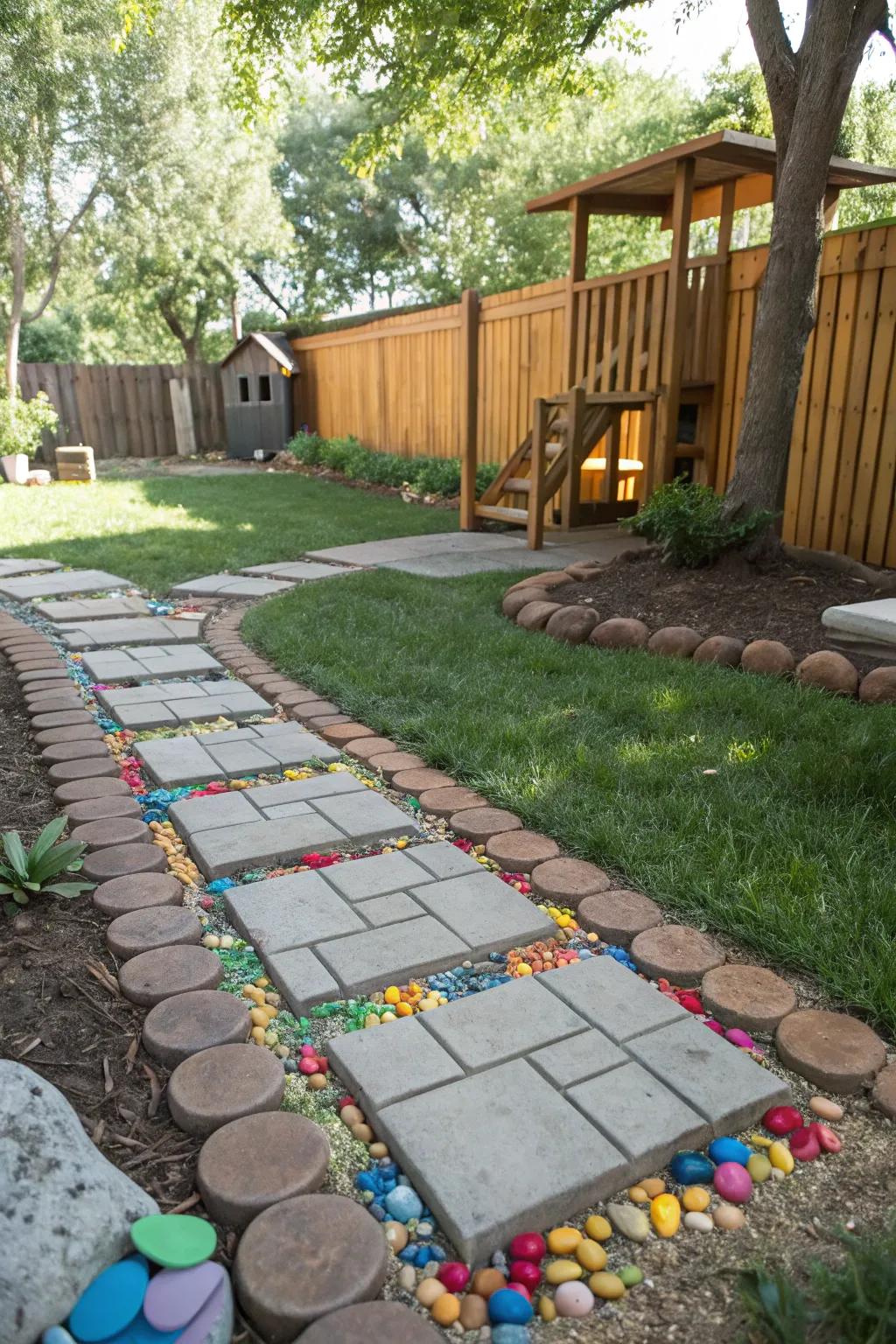 Painted pebbles add a vibrant, creative touch between pavers.