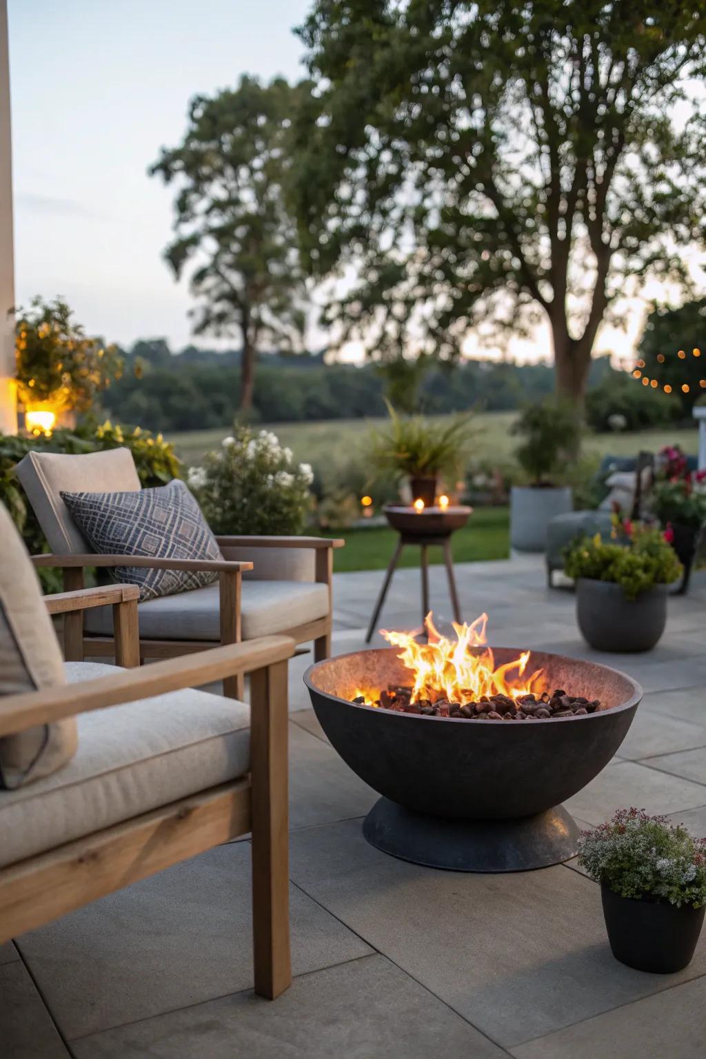 Portable fire bowl offers flexibility and convenience.